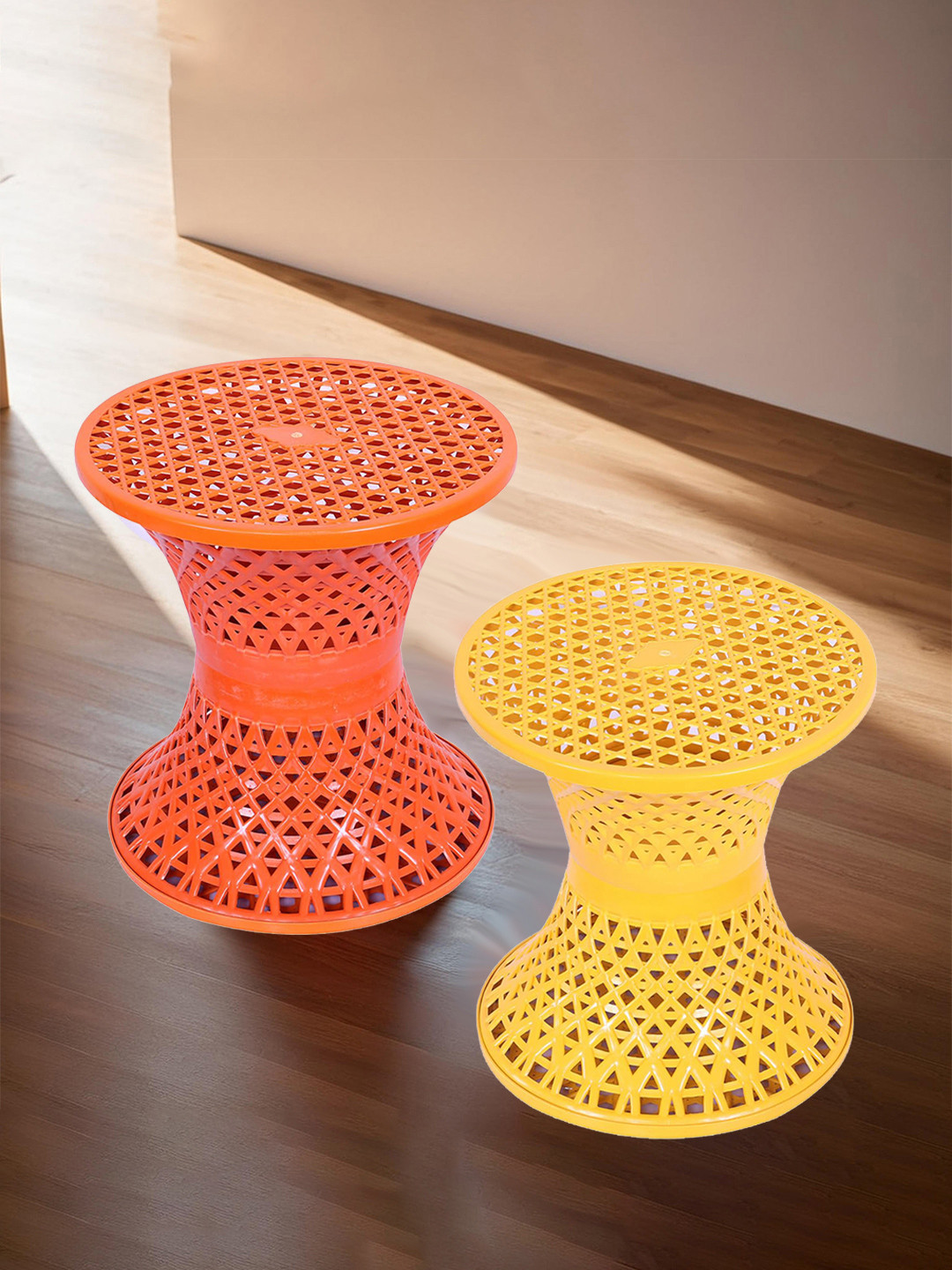 Kuber Industries 2-pcs Orange Colored & Yellow Seating Damroo Stool for Balcony
