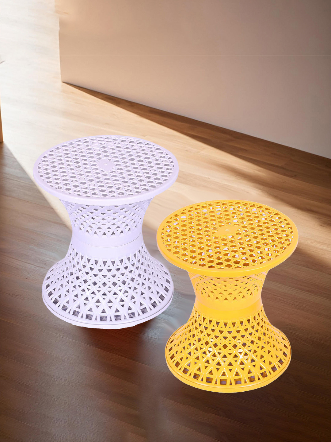 Kuber Industries 2-pcs Yellow & White Seating Damroo Stool for Balcony