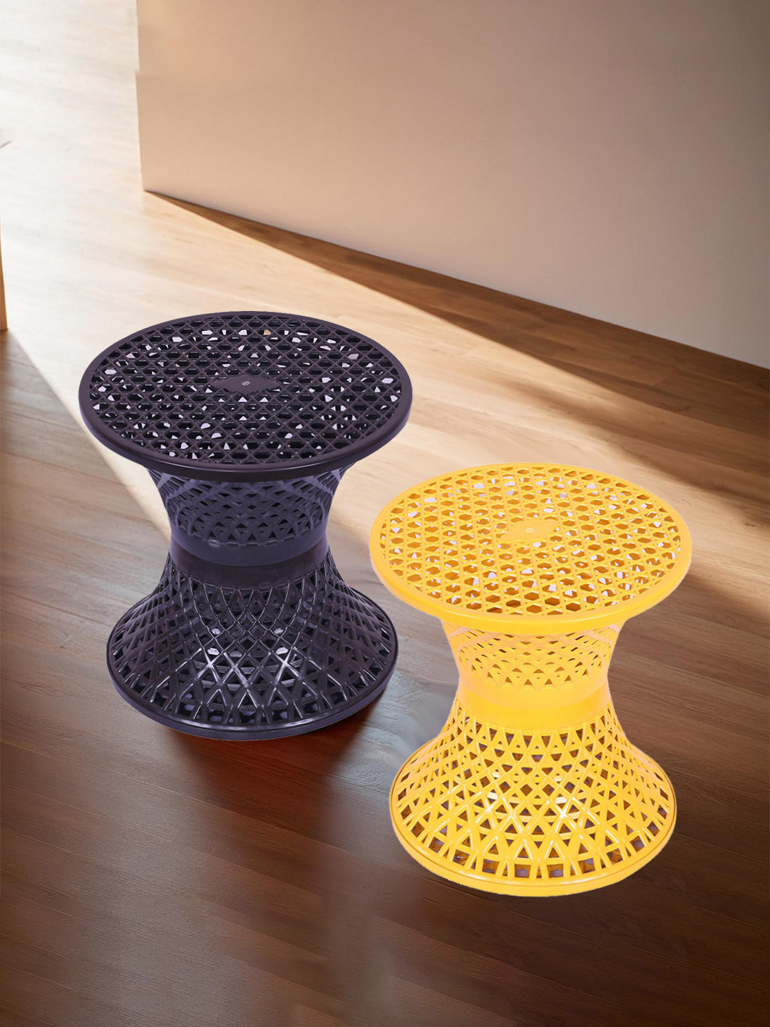 Kuber Industries 2-pcs Black & Yellow Seating Damroo Stool for Balcony