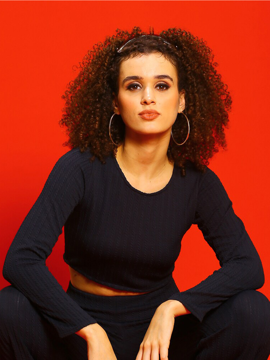 Sera Black Self Design Long Sleeves Crop Top