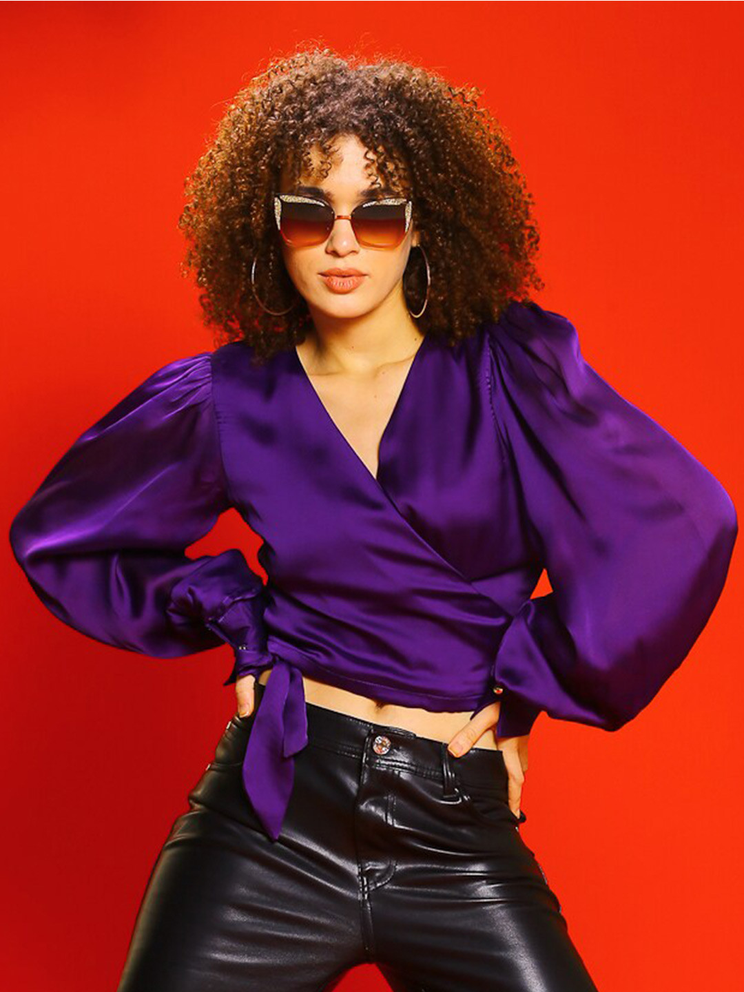 Sera Purple Puffed Sleeves Wrap Crop Top