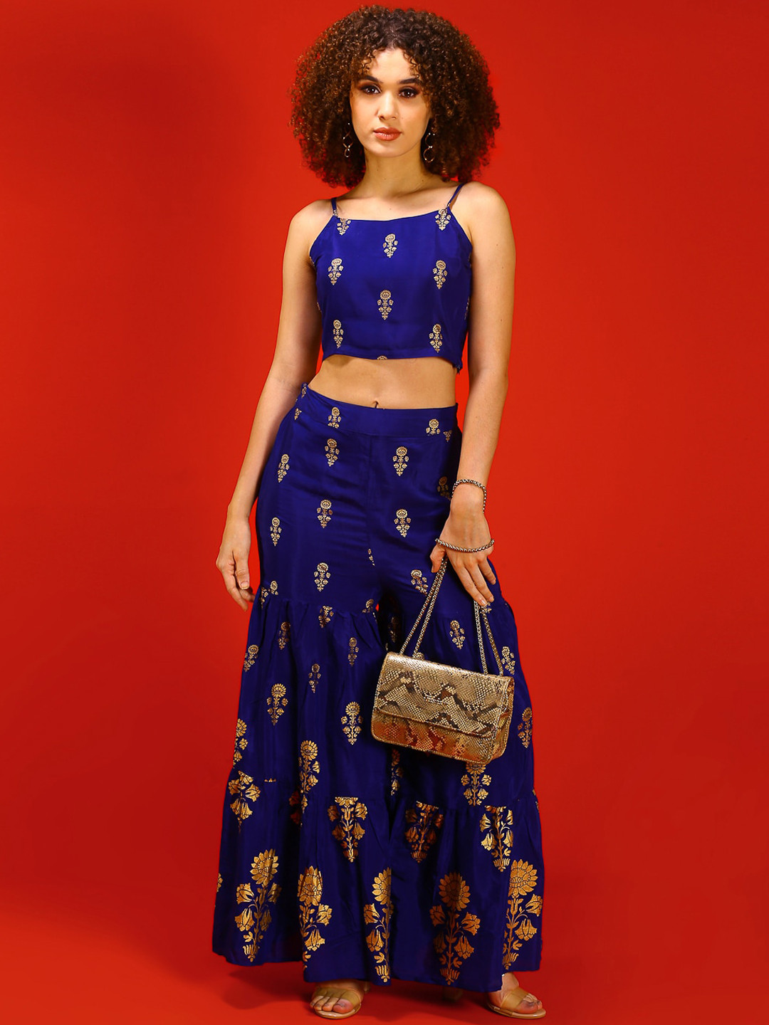 Sera Blue & Gold Toned Ethnic Printed Shoulder Straps Top With Palazzo