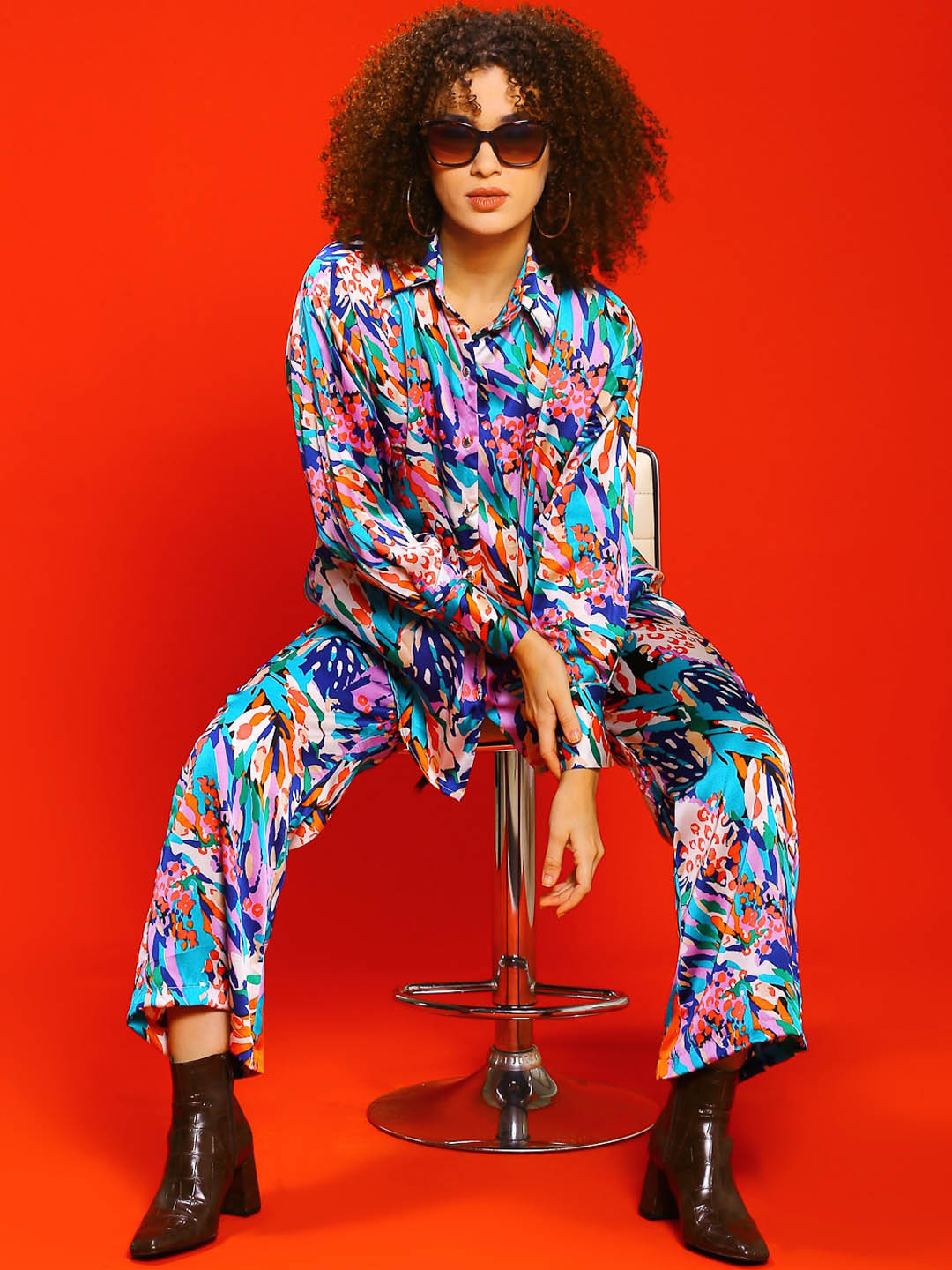 Sera Teal & Off White Abstract Printed Shirt with Trouser