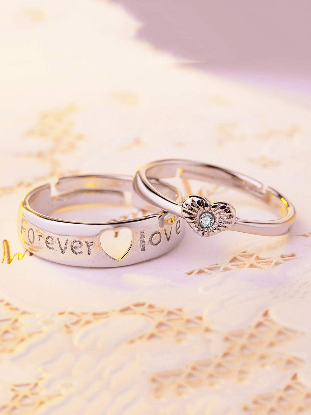 Krelin Unisex Set Of 2 Sliver-Plated Couple Heart Shaped Adjustable Finger Rings