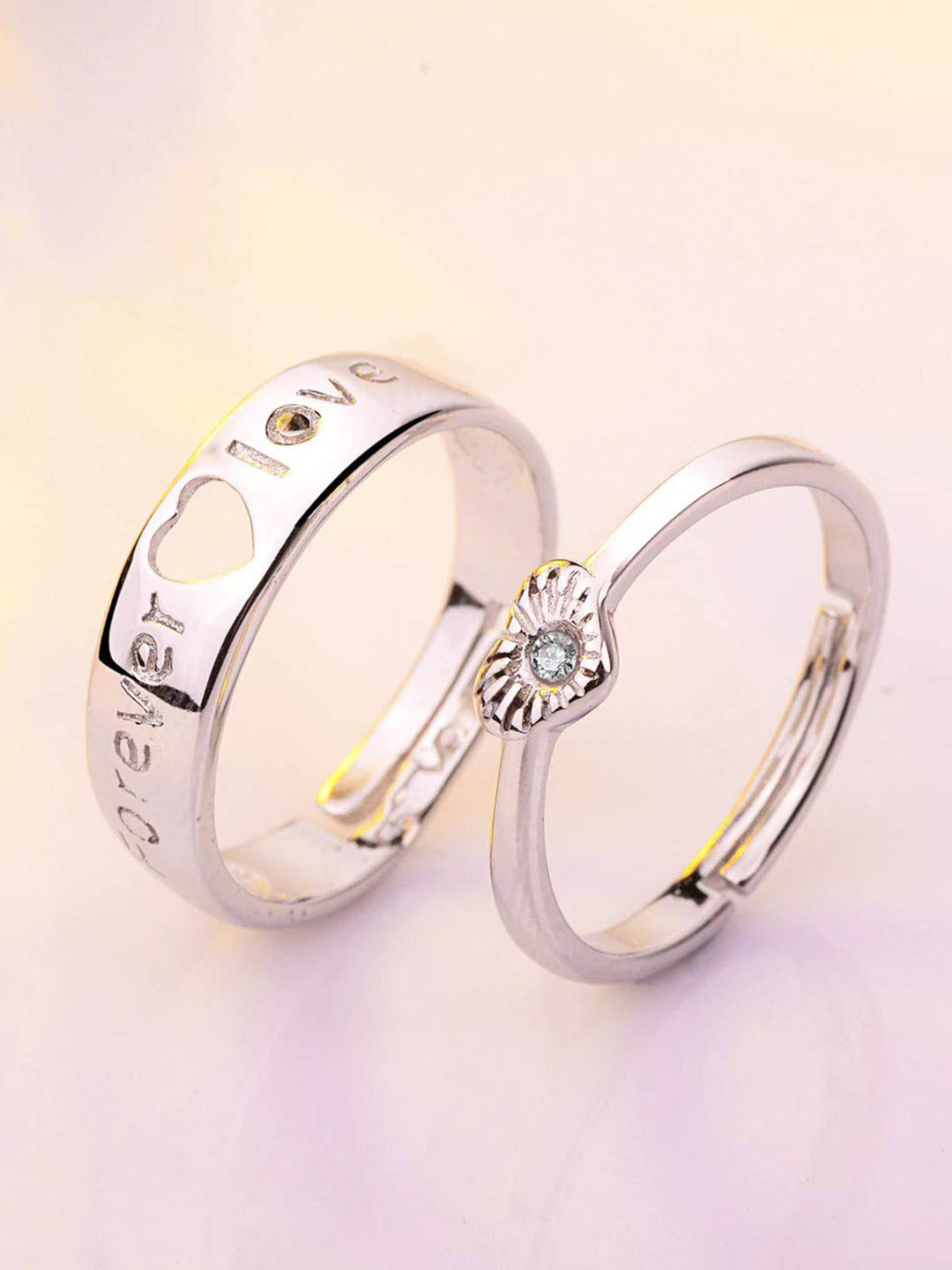 FIMBUL Unisex Set Of 2 Sliver-Plated CZ-Studded Couple Heart Shaped  Finger Rings