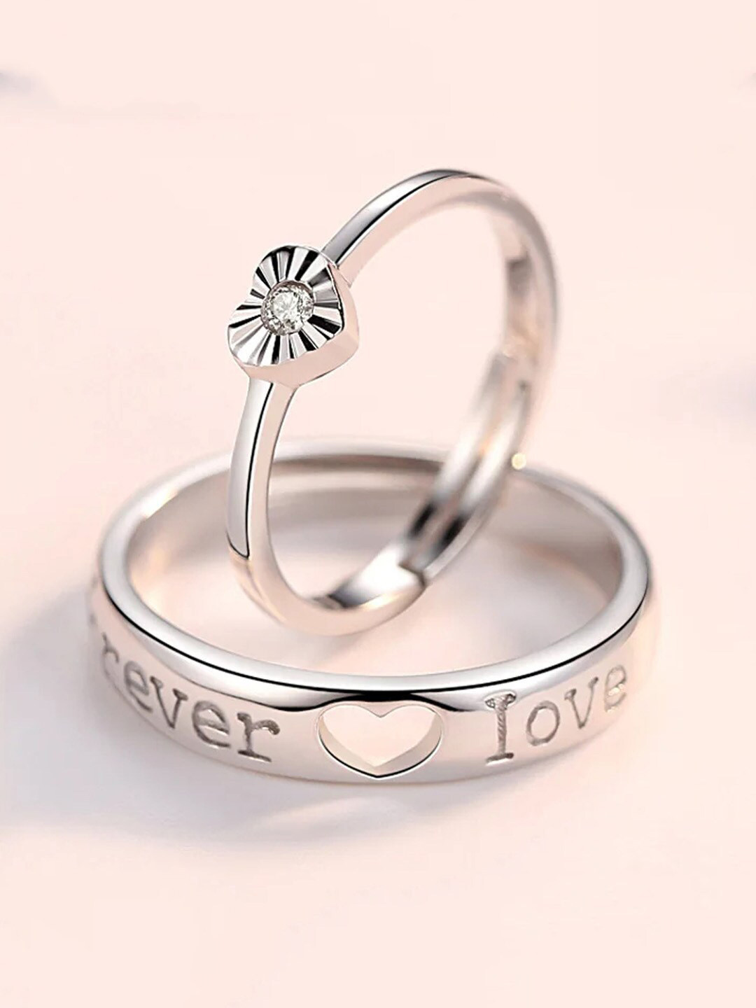 VAGHBHATT Unisex Set Of 2 Sliver-Plated CZ-Studded Heart Adjustable Rings