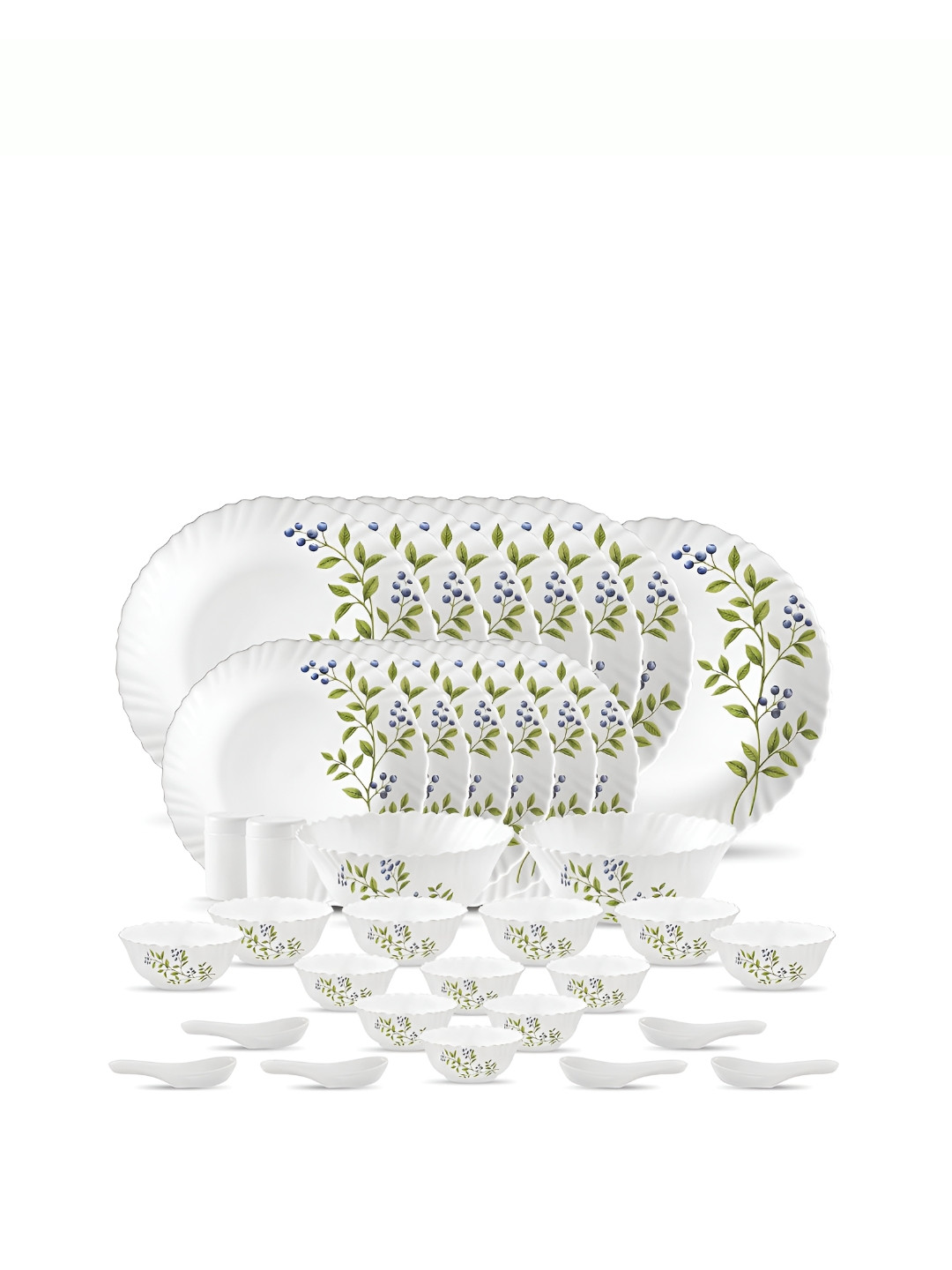 Laopala White & Green 35 Pieces Printed Opalware Glossy Dinner Set