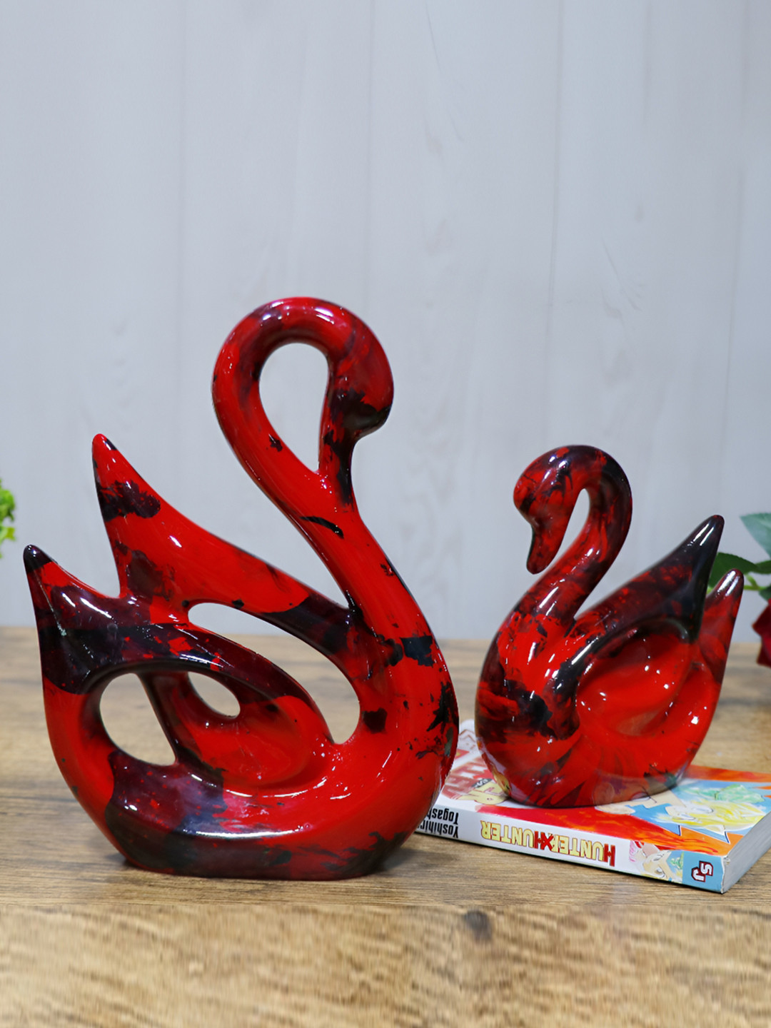GW CREATIONS Swan Combo Red Marble Natural Living Room Set of 2 Medium Showpieces - 10.2 Inches