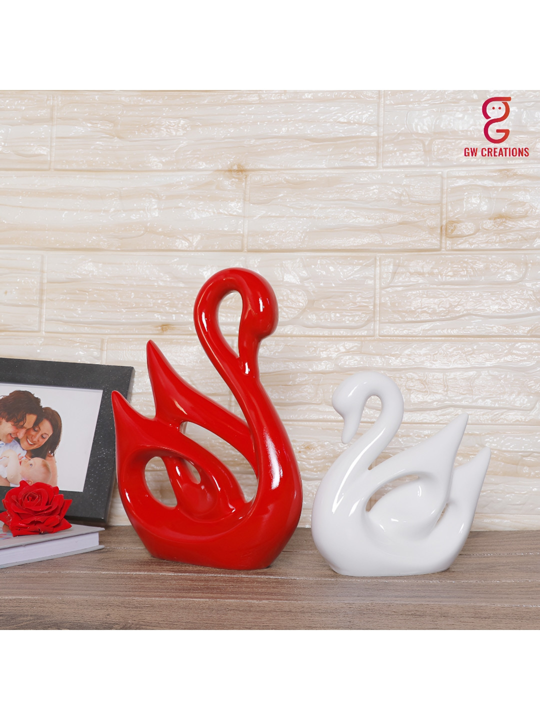 GW CREATIONS Swan Combo Red Marble Glossy Bedroom Set of 2 Medium Showpieces - 10.2 Inches