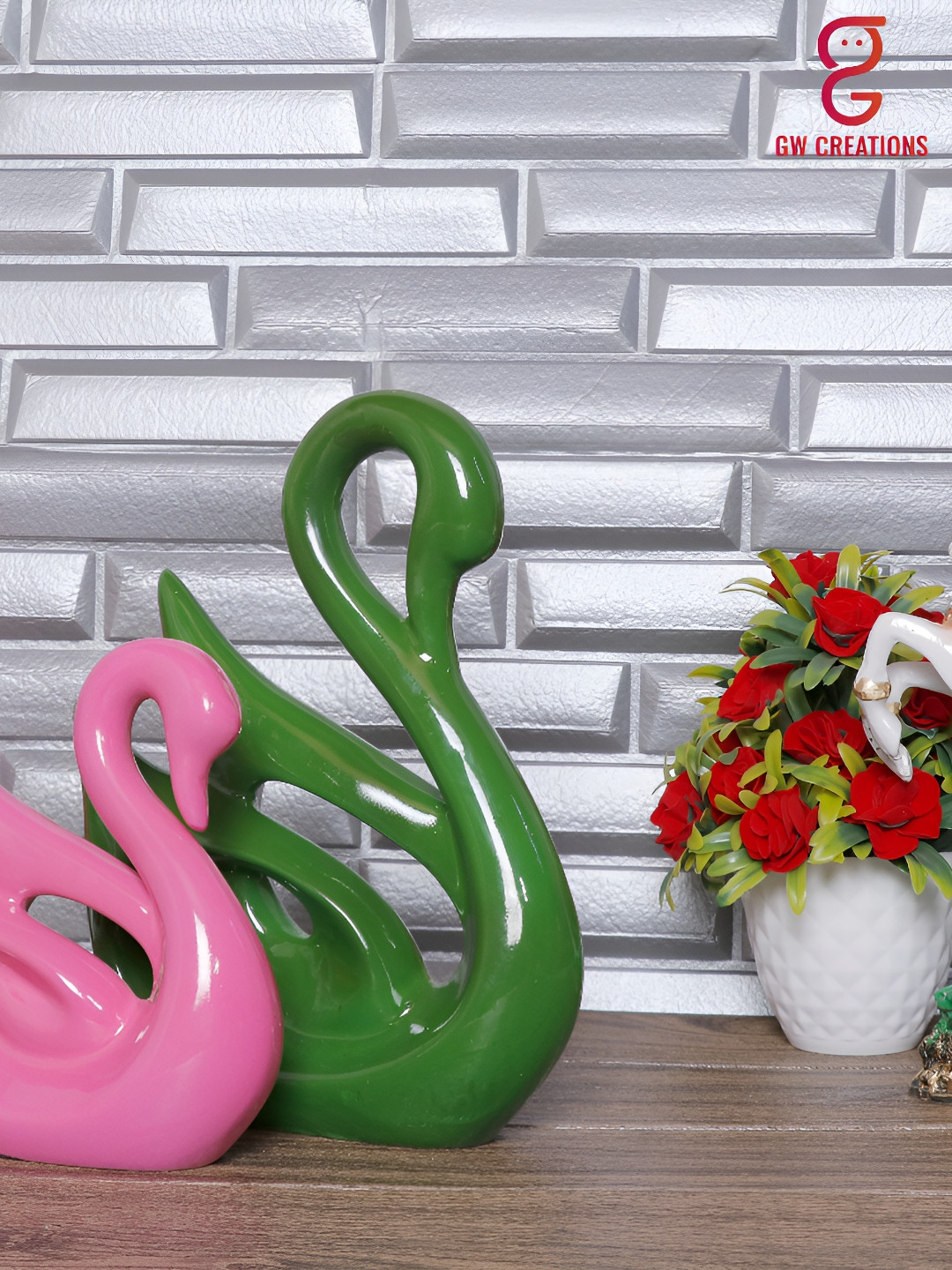 GW CREATIONS Swan Couple Green Marble Glossy Home Office Set of 2 Medium Showpieces - 10.2 Inches