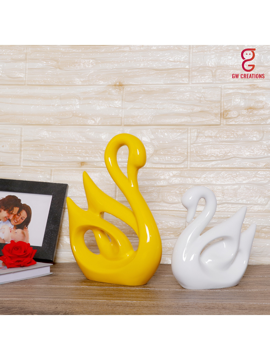 GW CREATIONS Swan Couple Yellow Marble Glossy Garden Set of 2 Medium Showpieces - 10.2 Inches