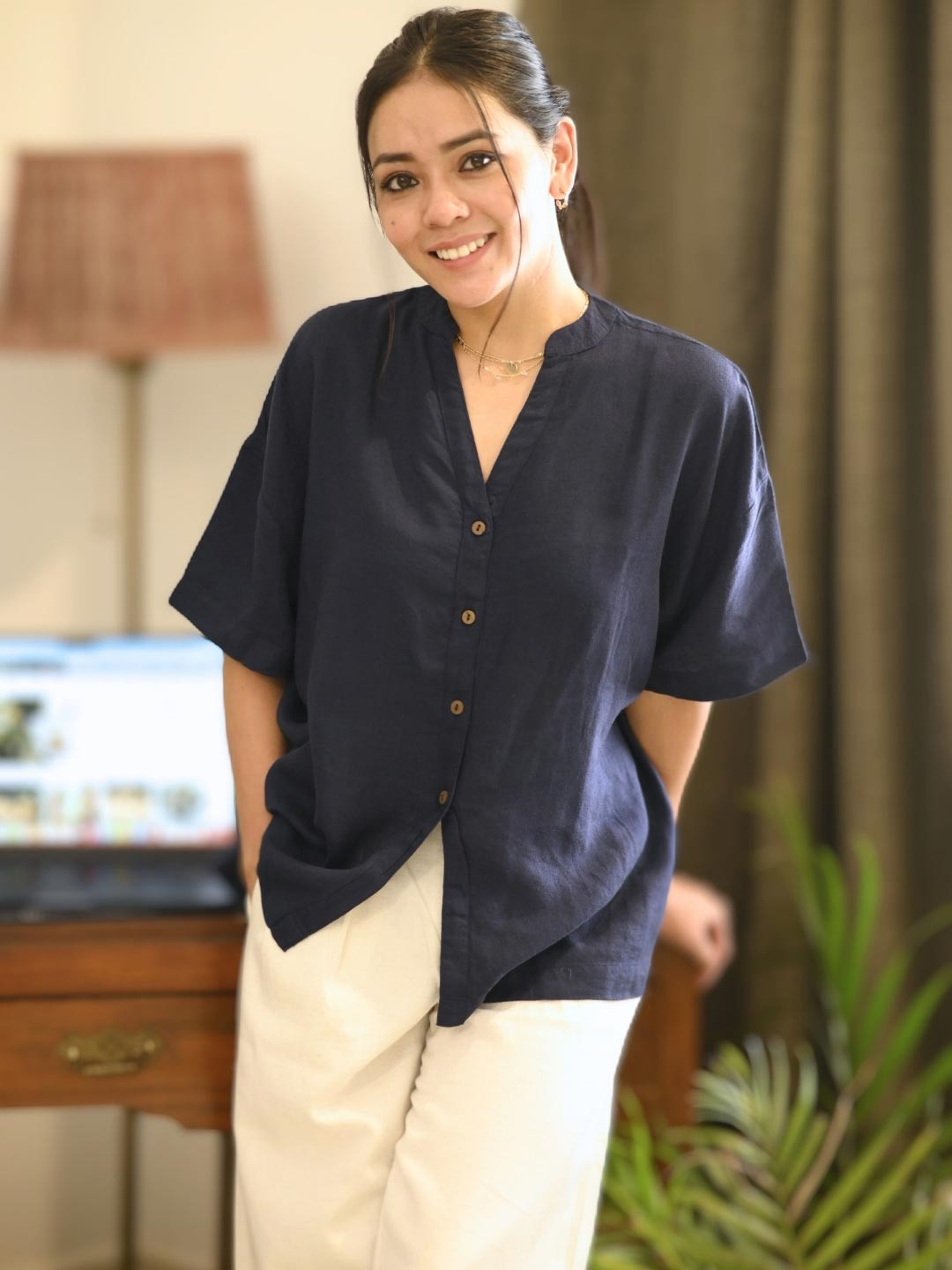 Saltpetre Mandarin Collar Classic Linen Shirt