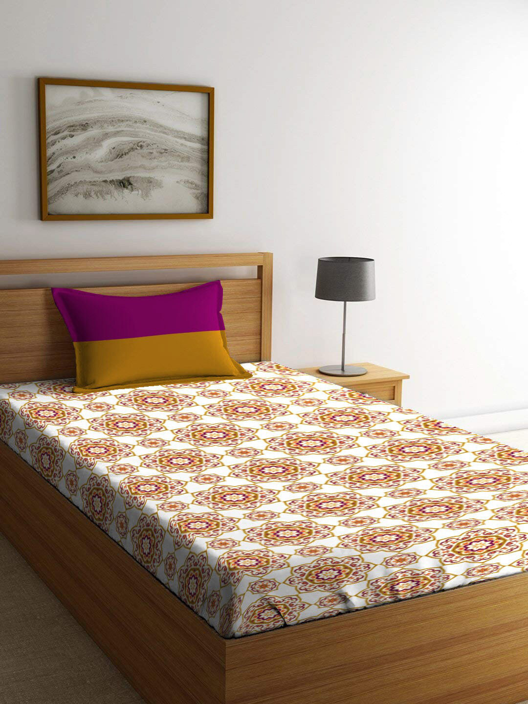 MYTRIDENT Urban Comfort Yellow Ethnic Motifs Pure Cotton 144 TC Single Bedsheet with a Pillow Cover-90 x 60 inches