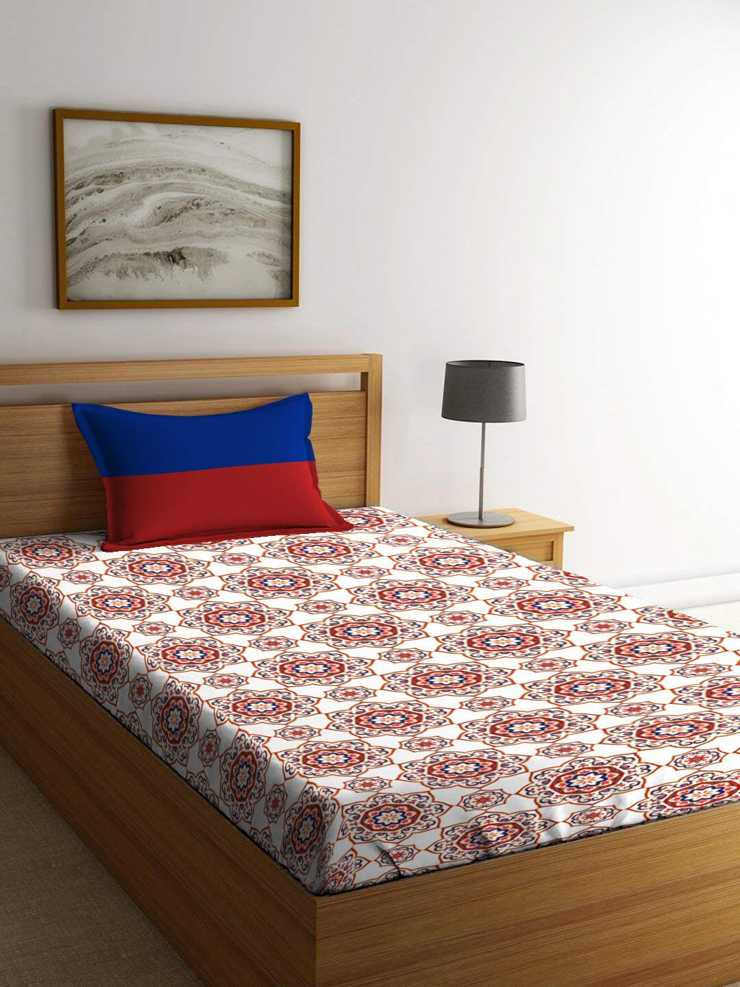 MYTRIDENT Urban Comfort Red Ethnic Motifs Cotton 144 TC Single Bedsheet with a Pillow Cover-90 x 60 inches