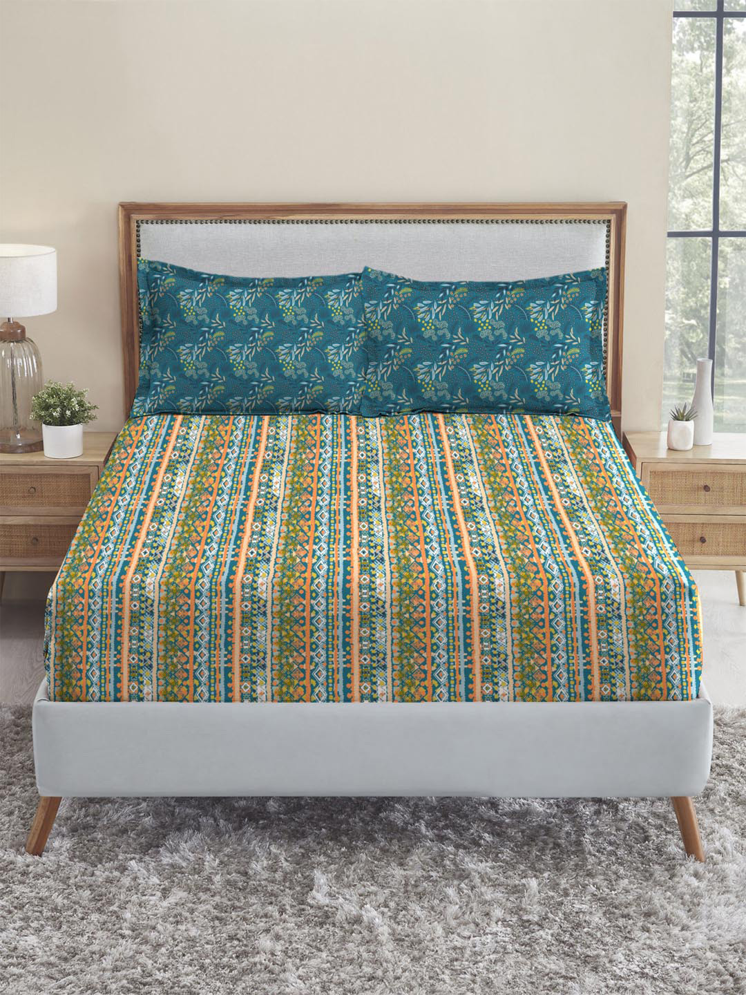 MYTRIDENT Urban Comfort Peach Ethnic Motifs Cotton 144 TC Queen Bedsheet with 2 Pillow Covers-100 x 90 inches