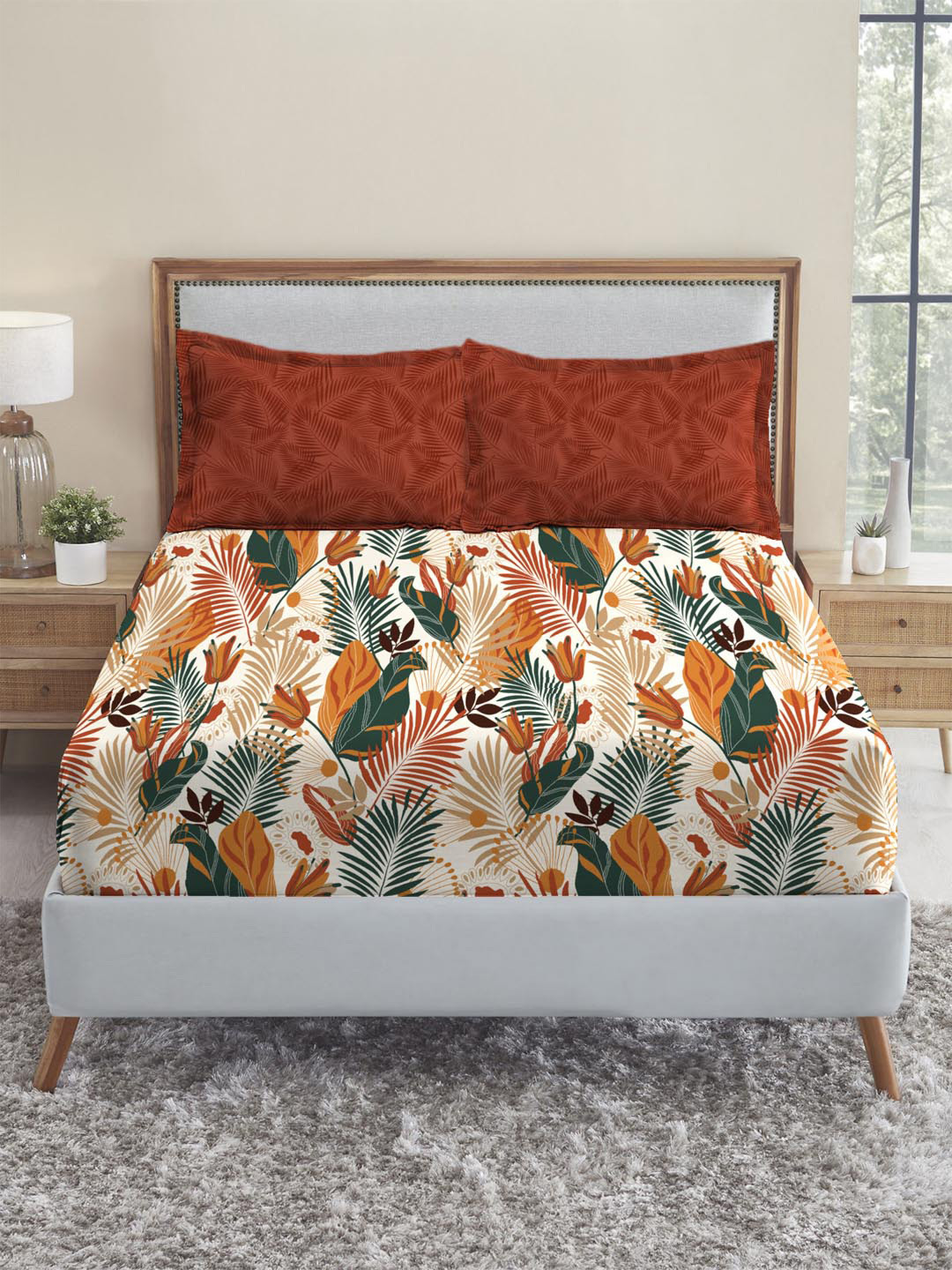 MYTRIDENT Urban Comfort White Leaf Cotton Skin-Friendly 144 TC Queen Bedsheet with 2 Pillow Covers-254 x 228 cm
