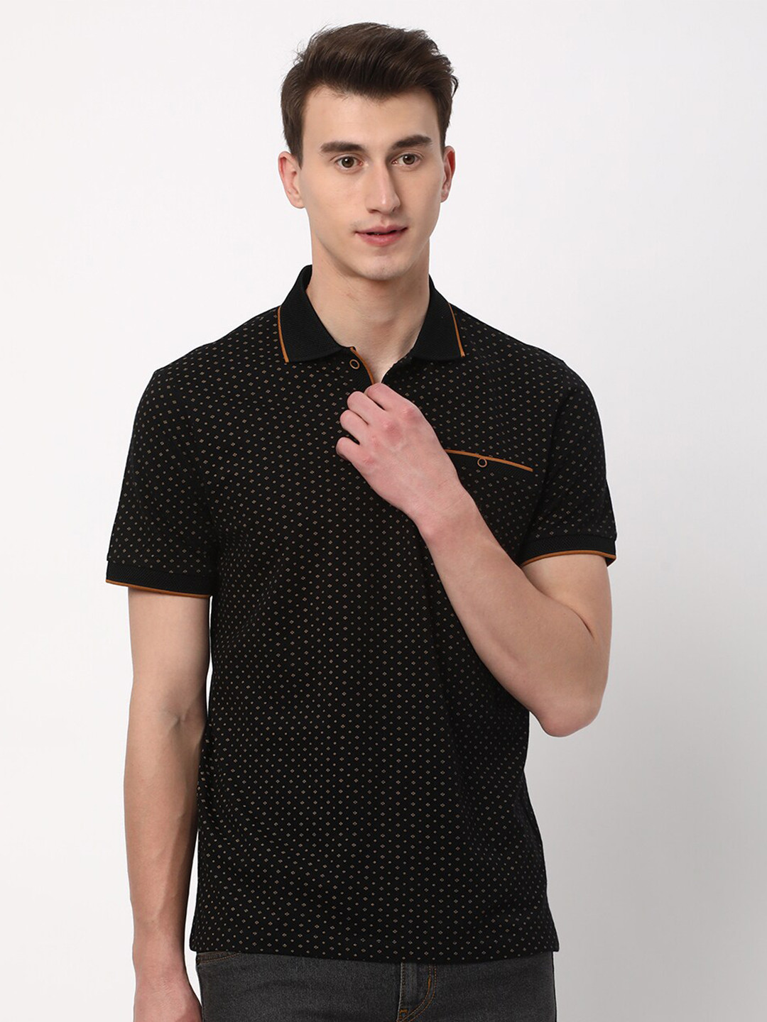 R&B Micro or Ditsy Printed Polo Collar Cotton T-shirt