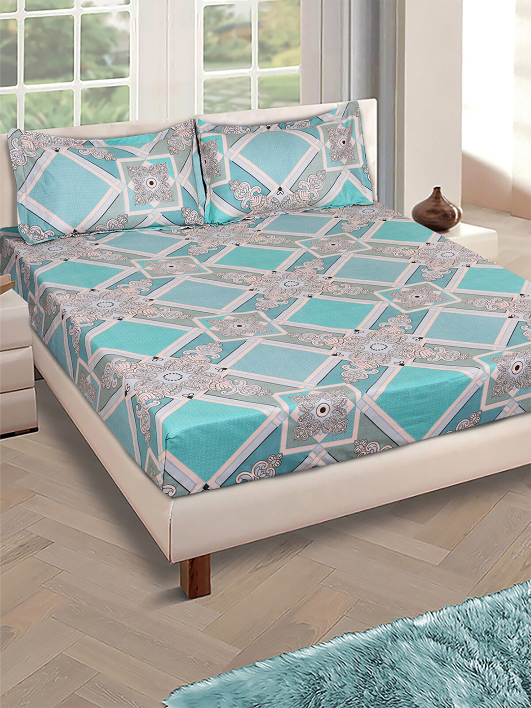ROMEE Sea Green Ethnic Motifs Microfiber 144 TC Queen Bedsheet with 2 Pillow Covers-90 x 100 inches