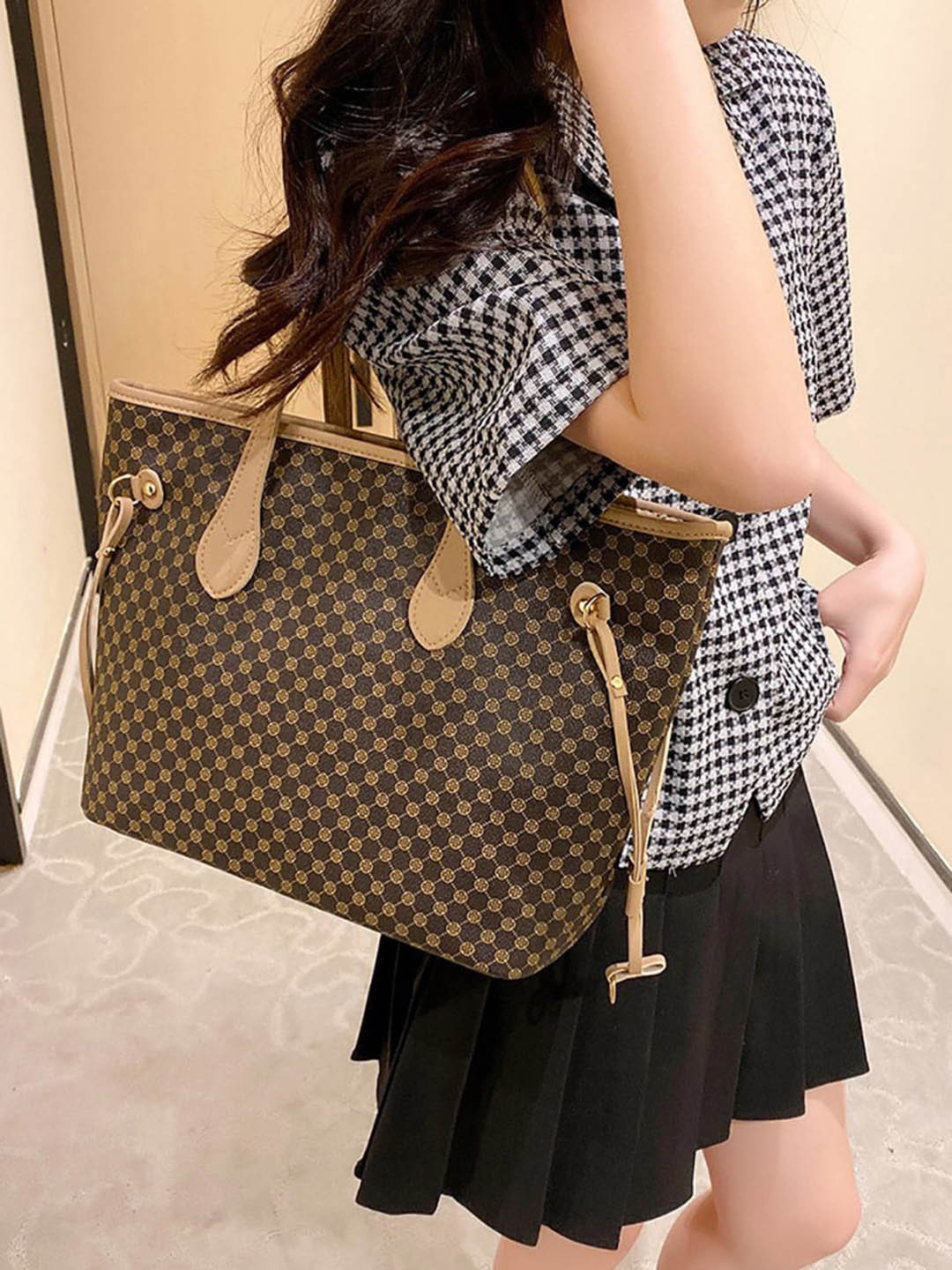 Styli Brown Abstract Printed Structured Tote Bag