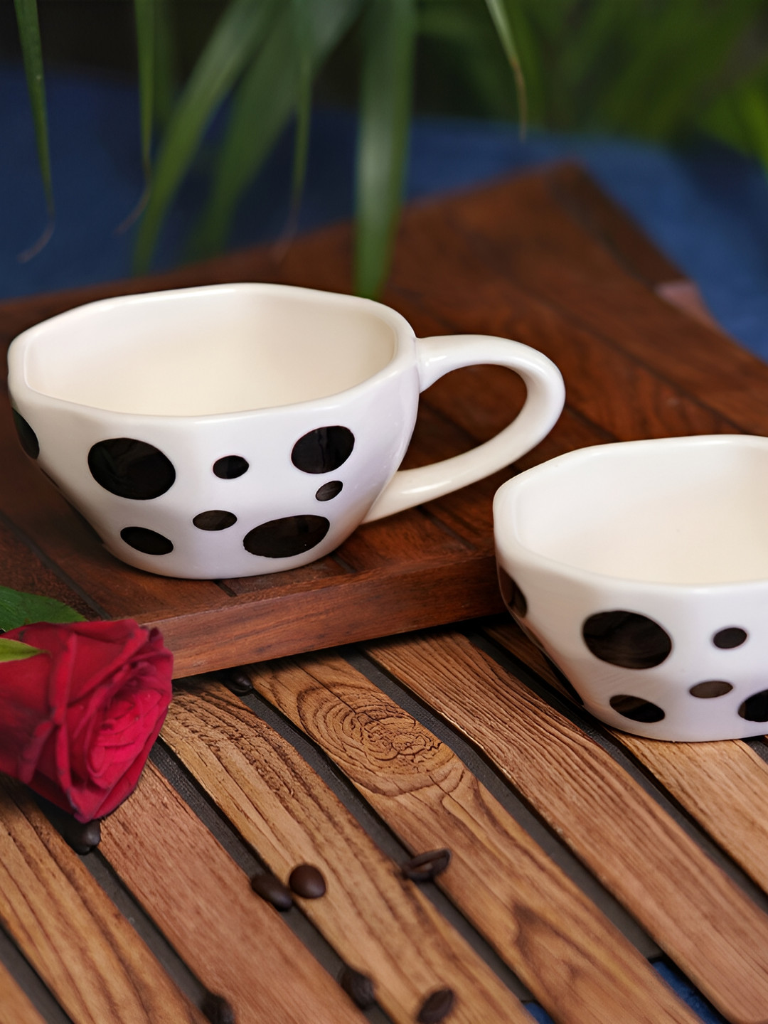 Freakway Versailles Creole White Polka Dots Ceramic Microwave Safe 2 Piece Cups-300ml