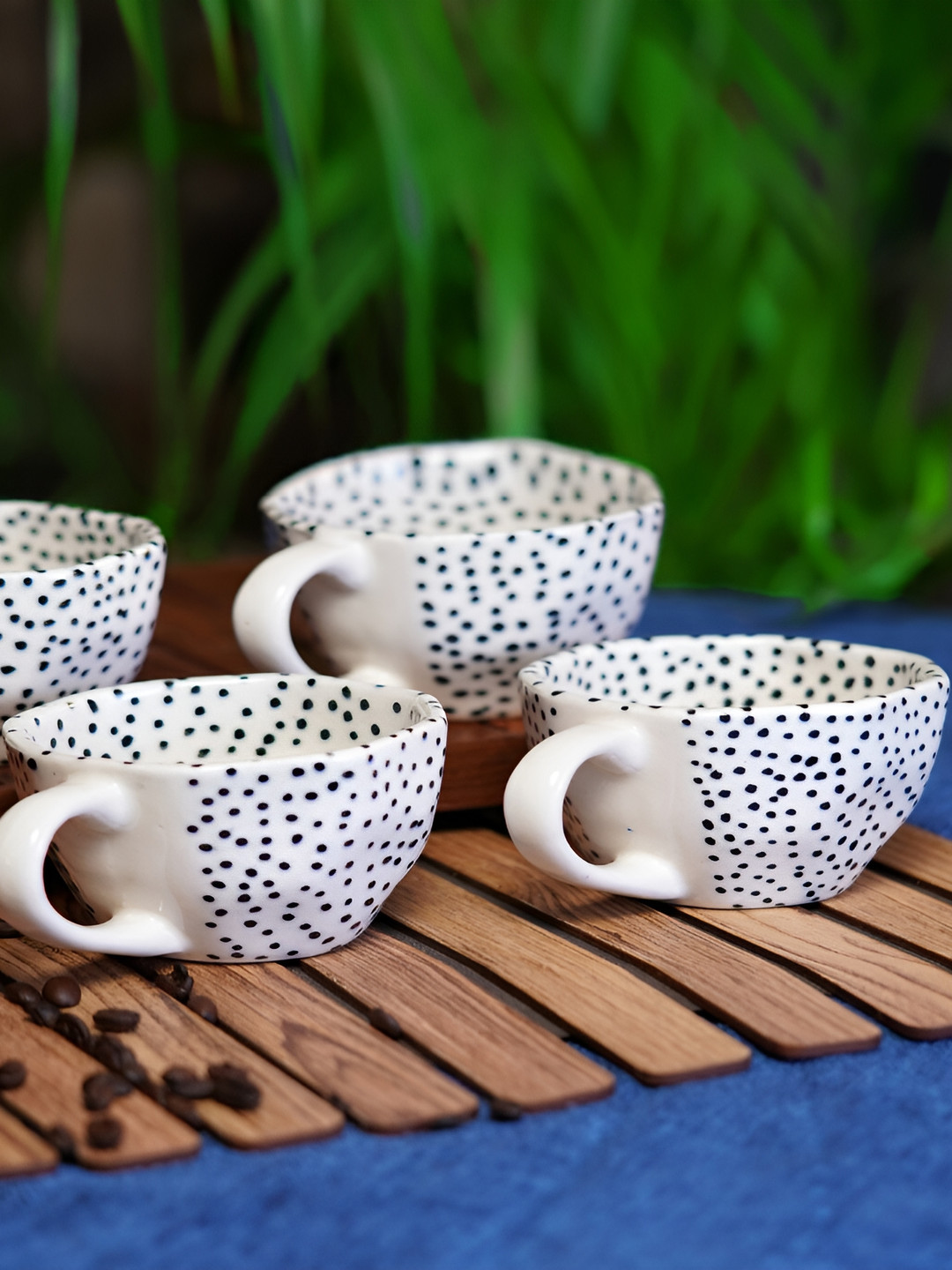 Freakway Hearth Collection Monarch Platinum White Polka Dots Ceramic Microwave Safe 4 Piece Mugs-300ml