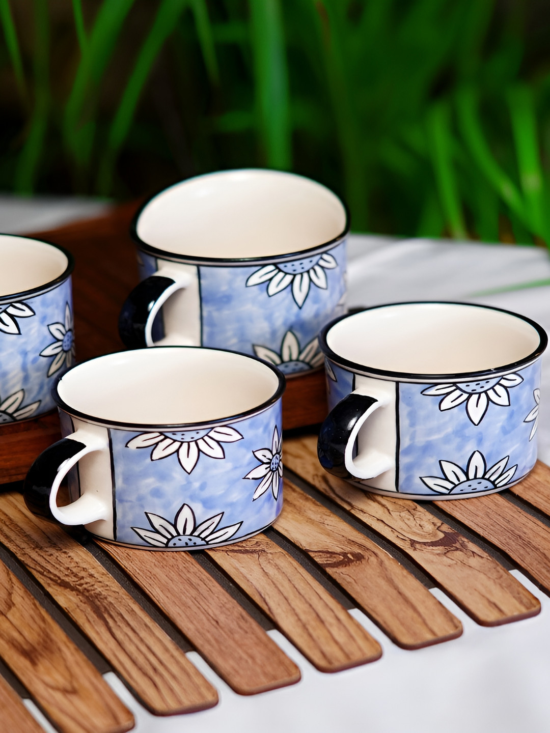Freakway Blue Floral Ceramic Microwave Safe 4 Piece Cups-300ml