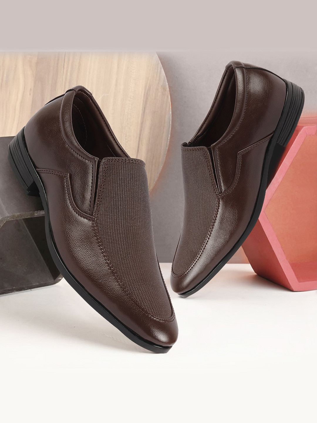 FAUSTO Men Textured Pointed Toe Formal Slip-On Shoes