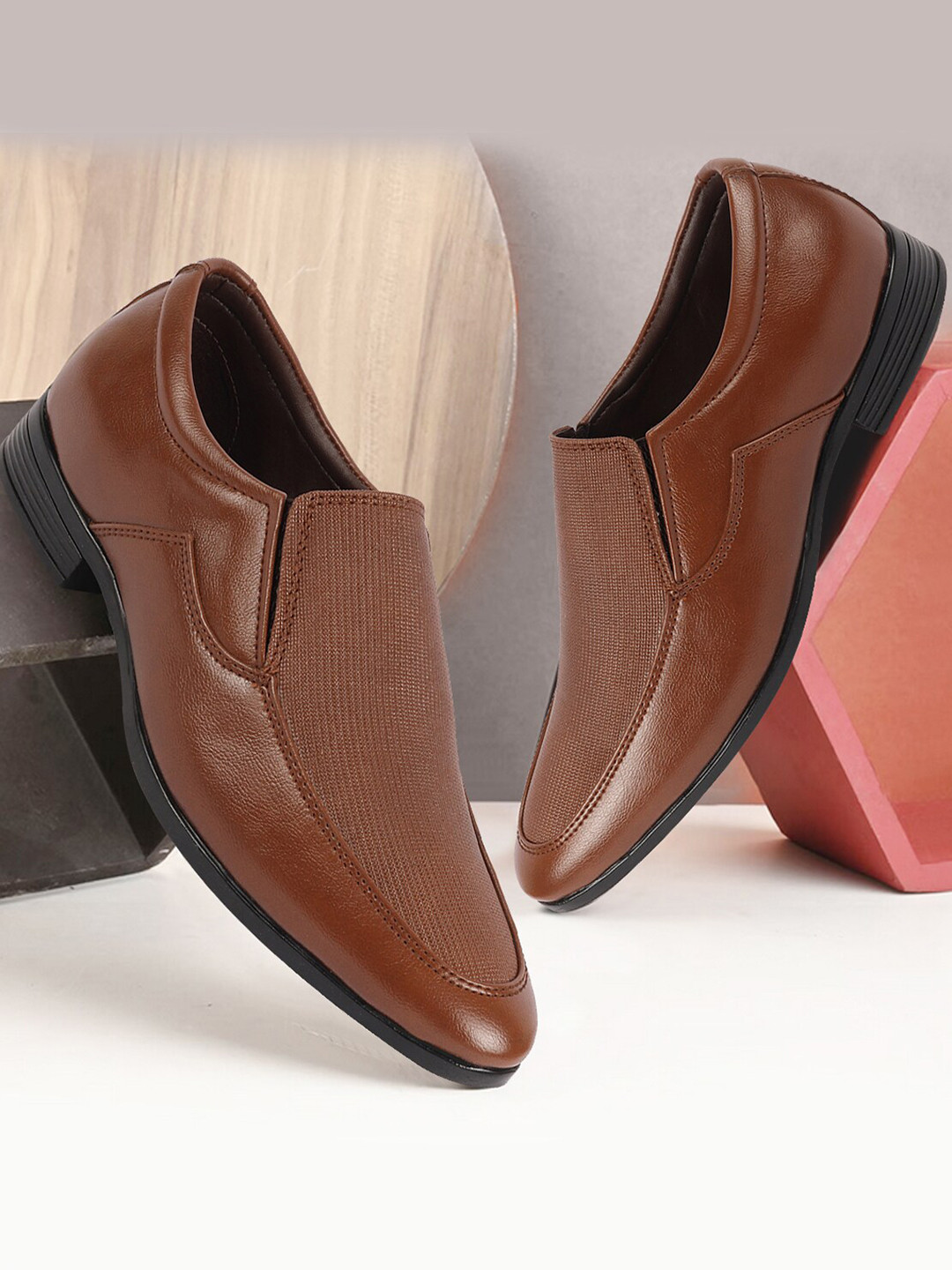 FAUSTO Men Pointed Toe Textured Formal Slip-On Shoes