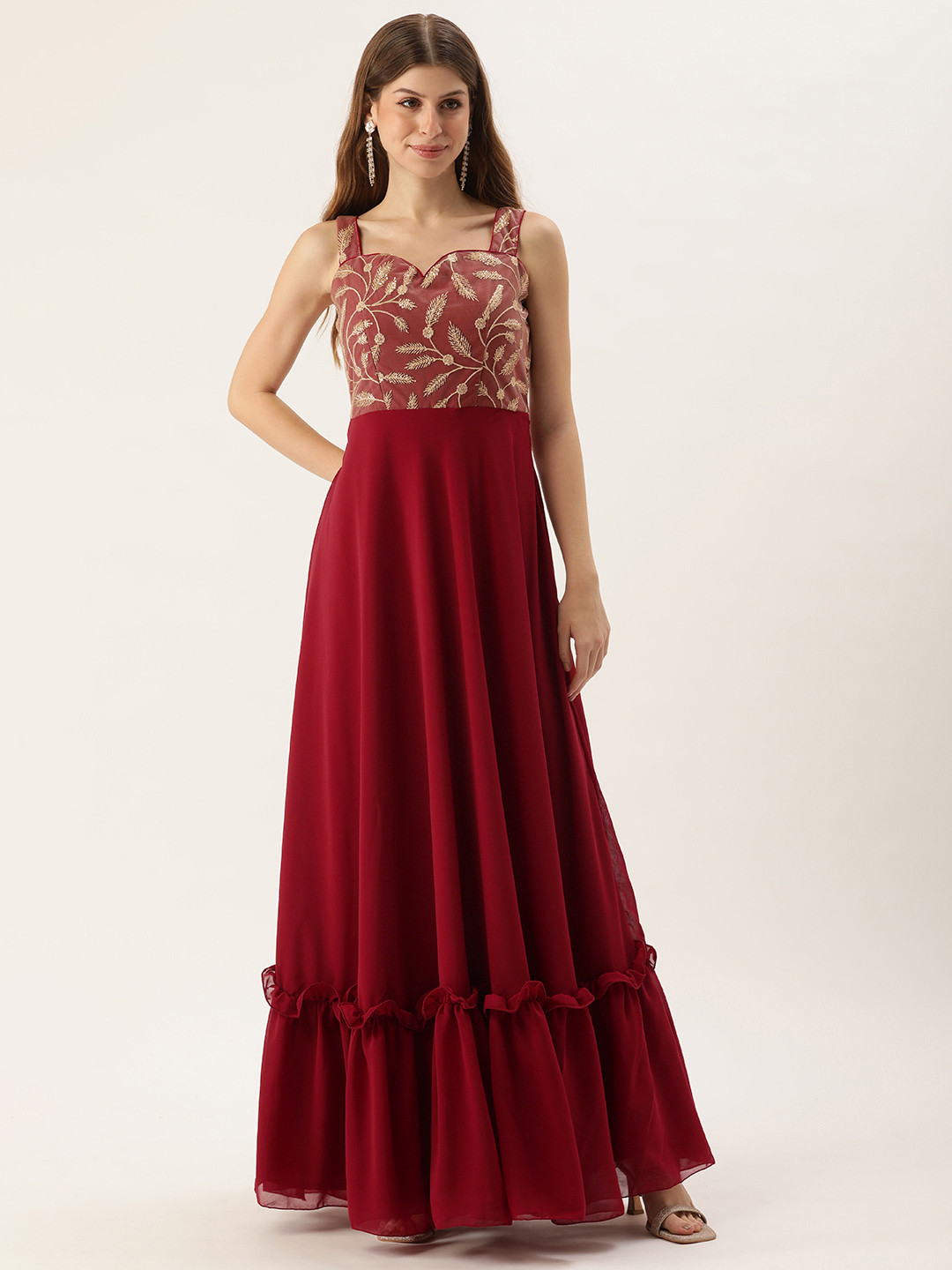 Ethnovog Floral Embroidered Ruffled Georgette Gown Maxi Dress