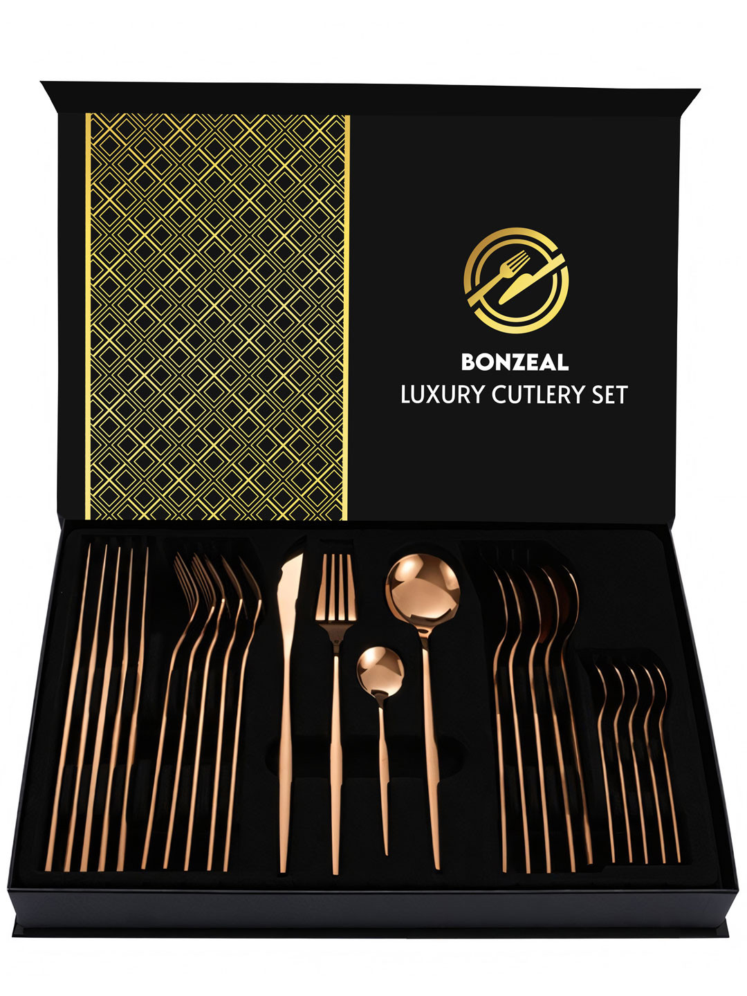 BonZeaL Rose Gold Toned 24 Pieces Stainless Steel Mirror Finish Cutlery Sets