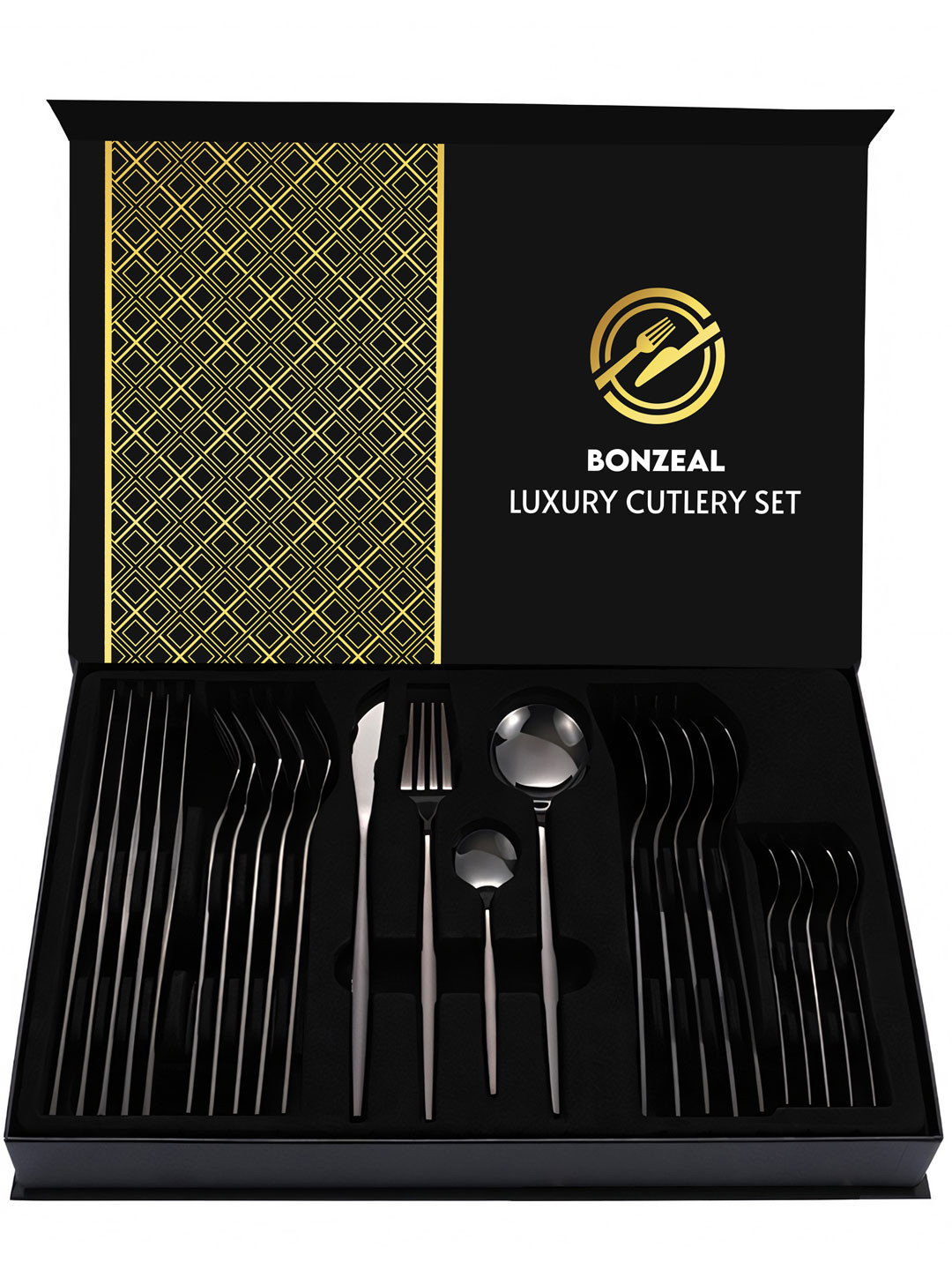BonZeaL Black 24 Pieces Stainless Steel Mirror Finish Cutlery Sets With Box