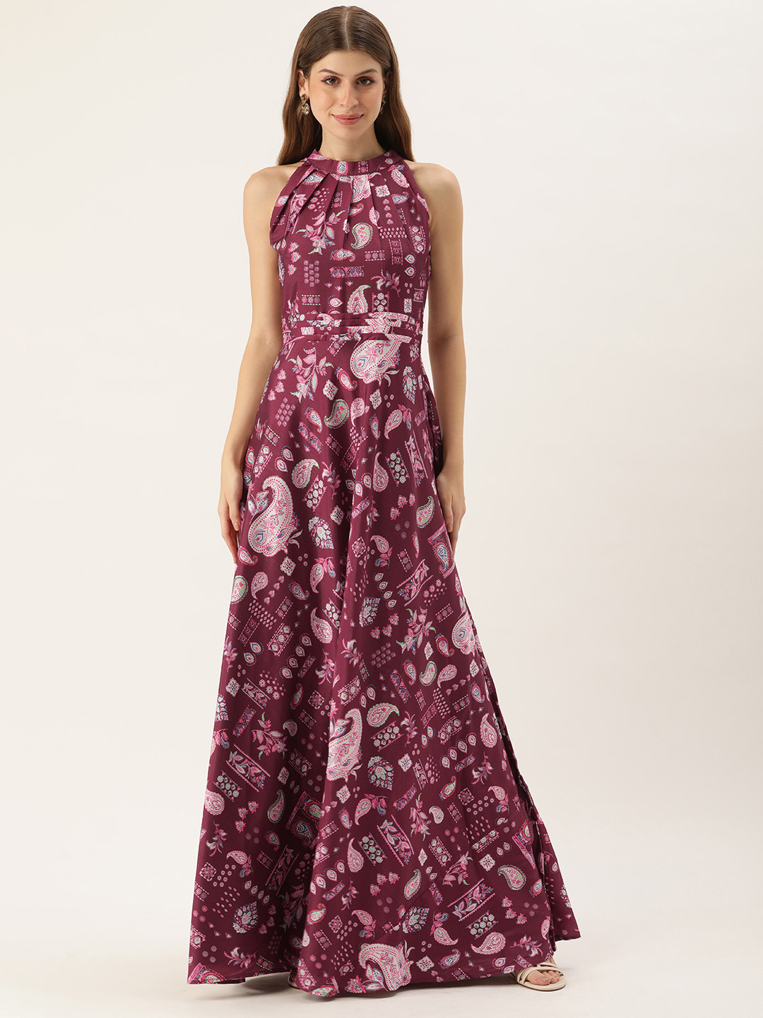 Ethnovog Ethnic Motifs Print Halter Neck Gown Maxi Dress