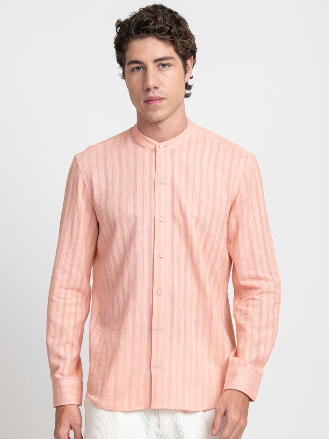 KISSOSS Comfort Slim Fit Vertical Stripes Band Collar Cotton Casual Shirt