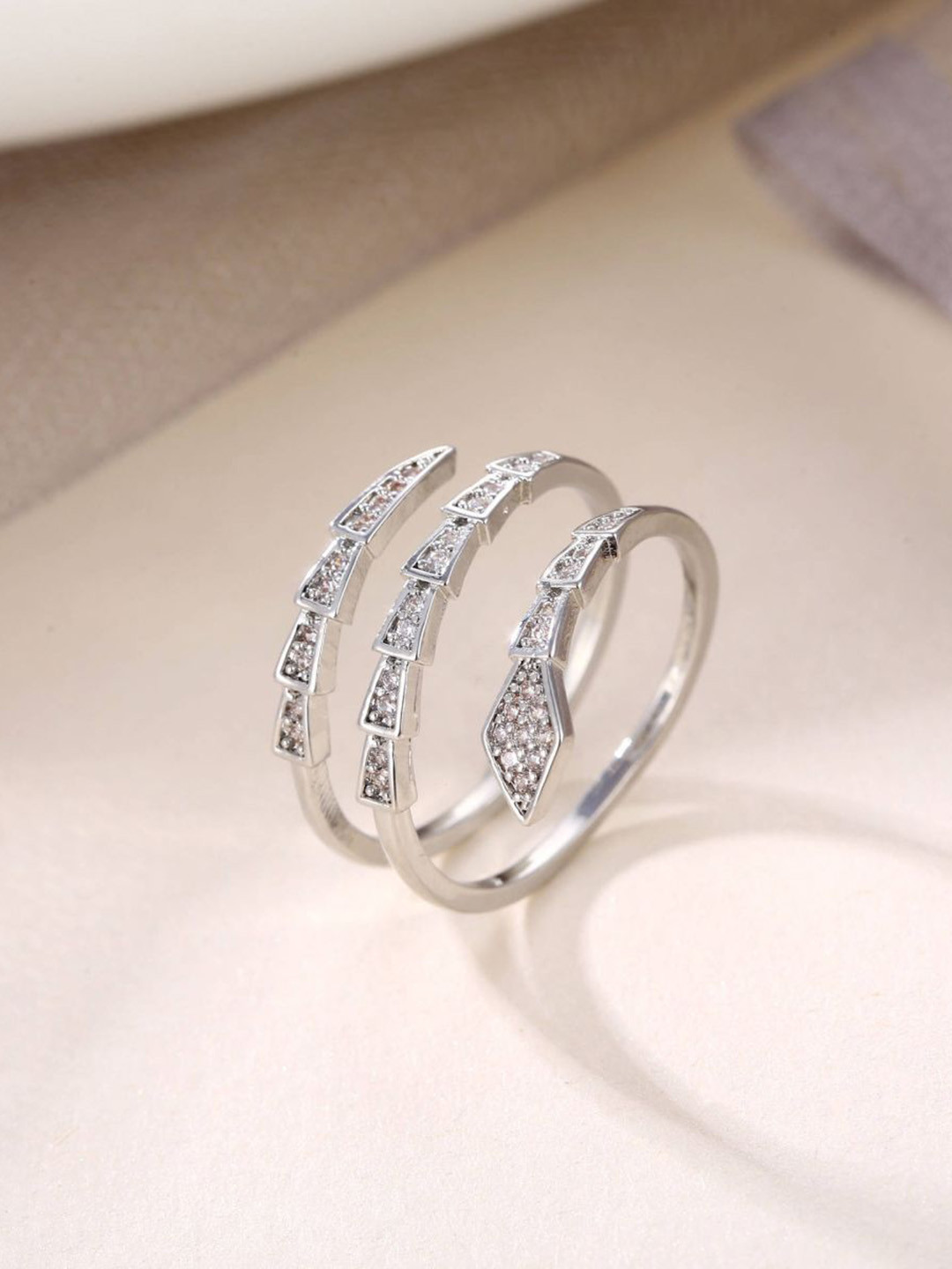 ZIVOM Silver-Plated CZ-Studded Snake Layered Anti-Tarnish Finger Ring