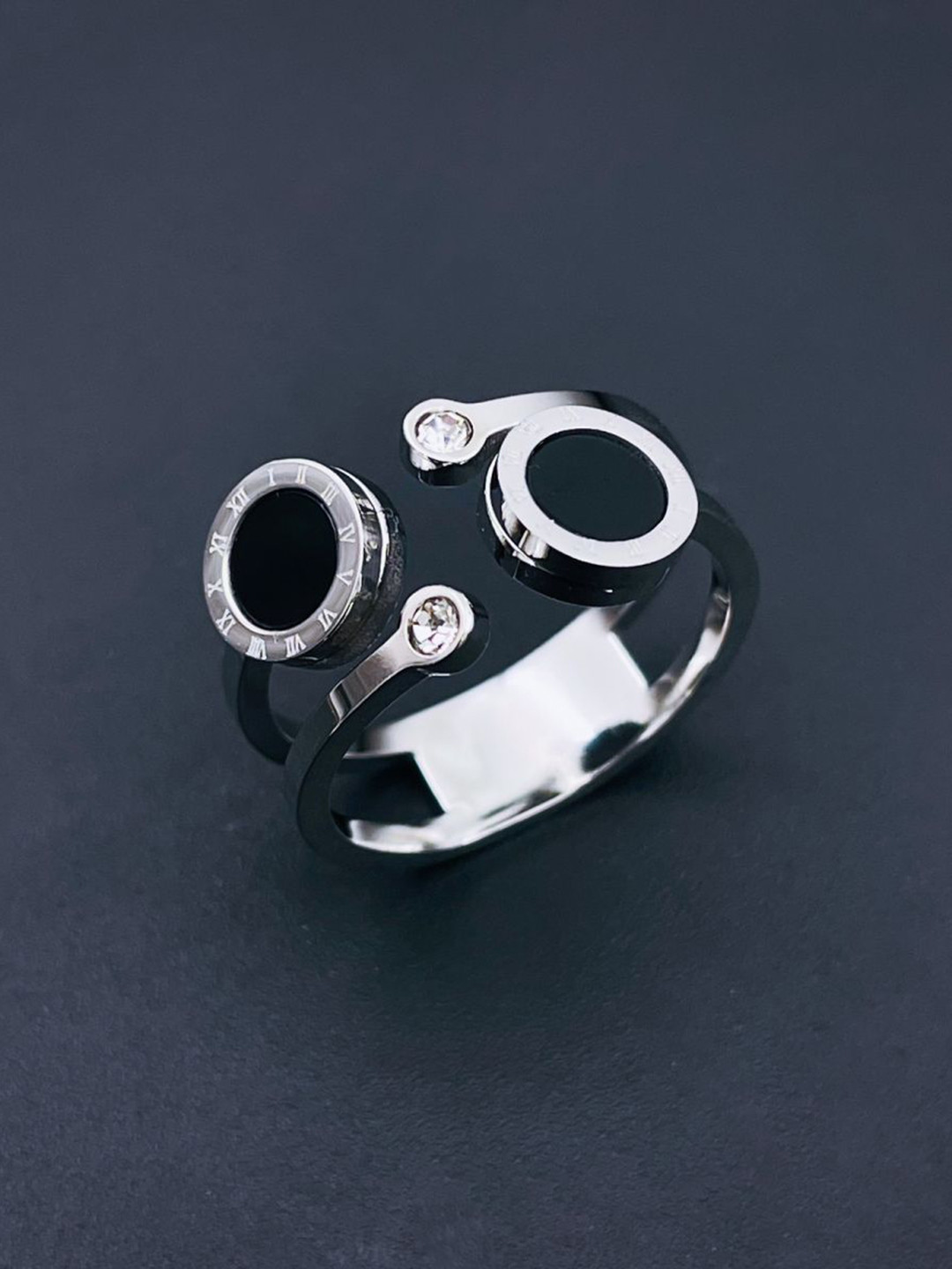 ZIVOM Silver-Plated CZ-Stone Studded Double Circle Design Finger Ring