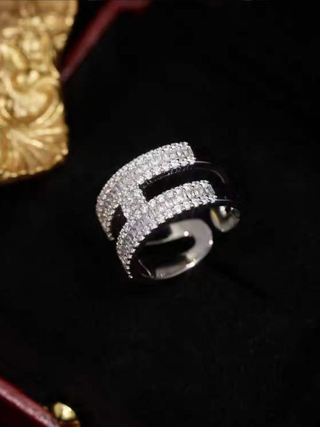 ZIVOM Silver-Plated CZ--Stone Studded Dual Layer Baguette Design Finger Ring