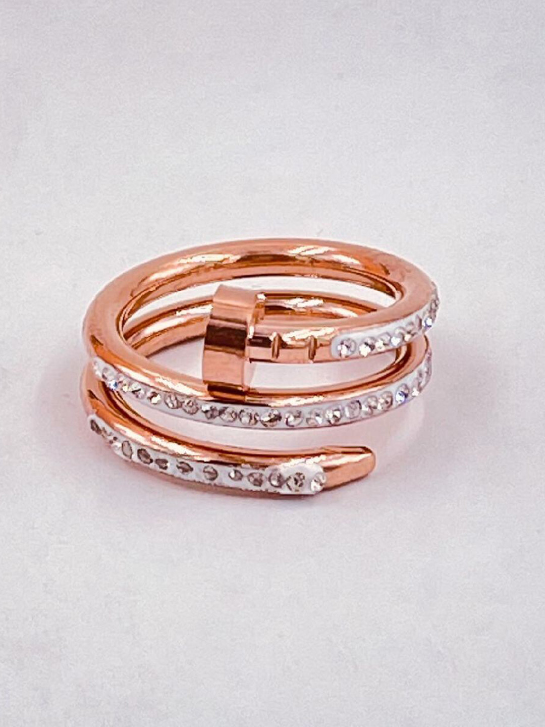 ZIVOM Rose Gold-Plated CZ--Stone Studded Layered Nail Design Finger Ring