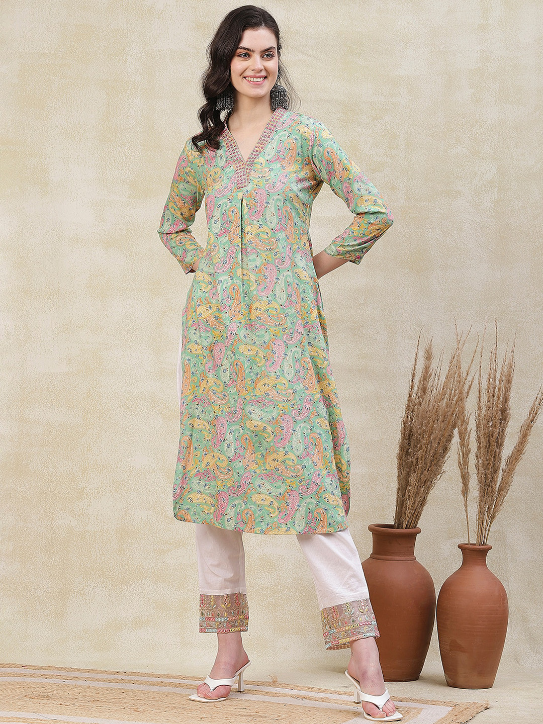 FASHOR Paisley Printed V  Neck A Line Thread Work Curved Kurta