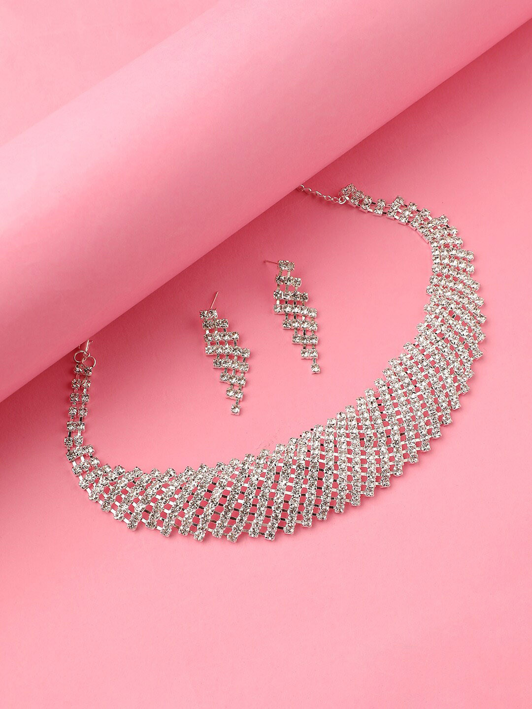 DressBerry Silver-Plated Rhinestone-Studded Necklace & Earrings