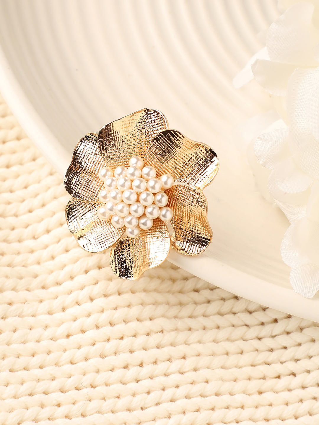 DressBerry Gold-Plated Artificial Pearls Studded Flower Design Finger Ring