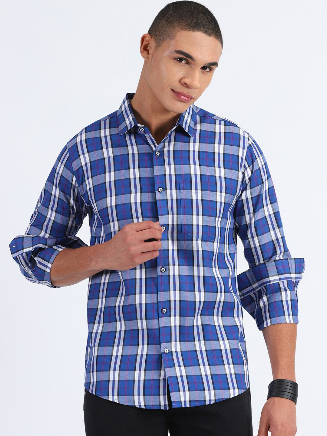 MISCHIEF MONKEY Classic Tailored Fit Tartan Checks Spread Collar Cotton Casual Shirt