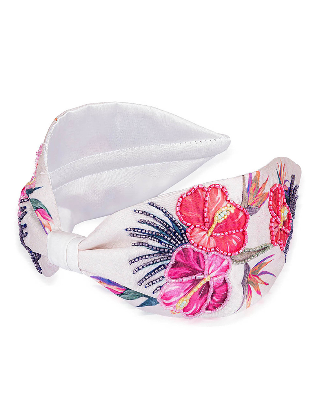 HAIR DRAMA CO. White Floral Glass Beaded Knotted Hair Band