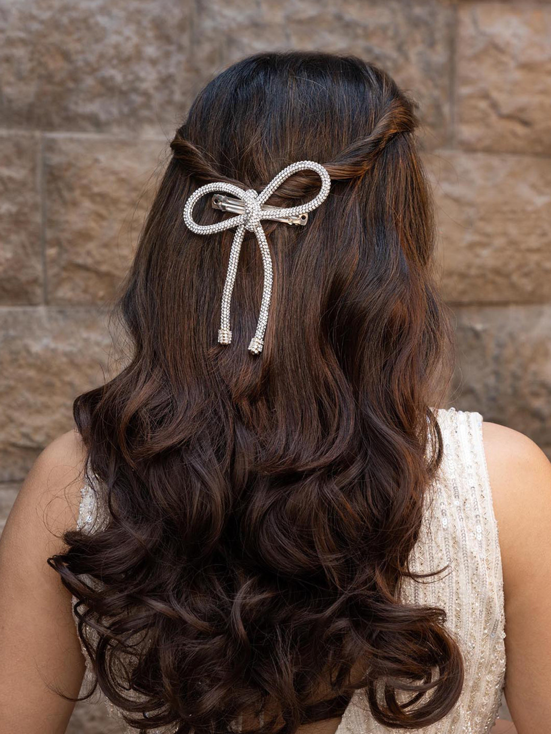 HAIR DRAMA CO. Women Silver-Toned Crystal Bow French Barrette