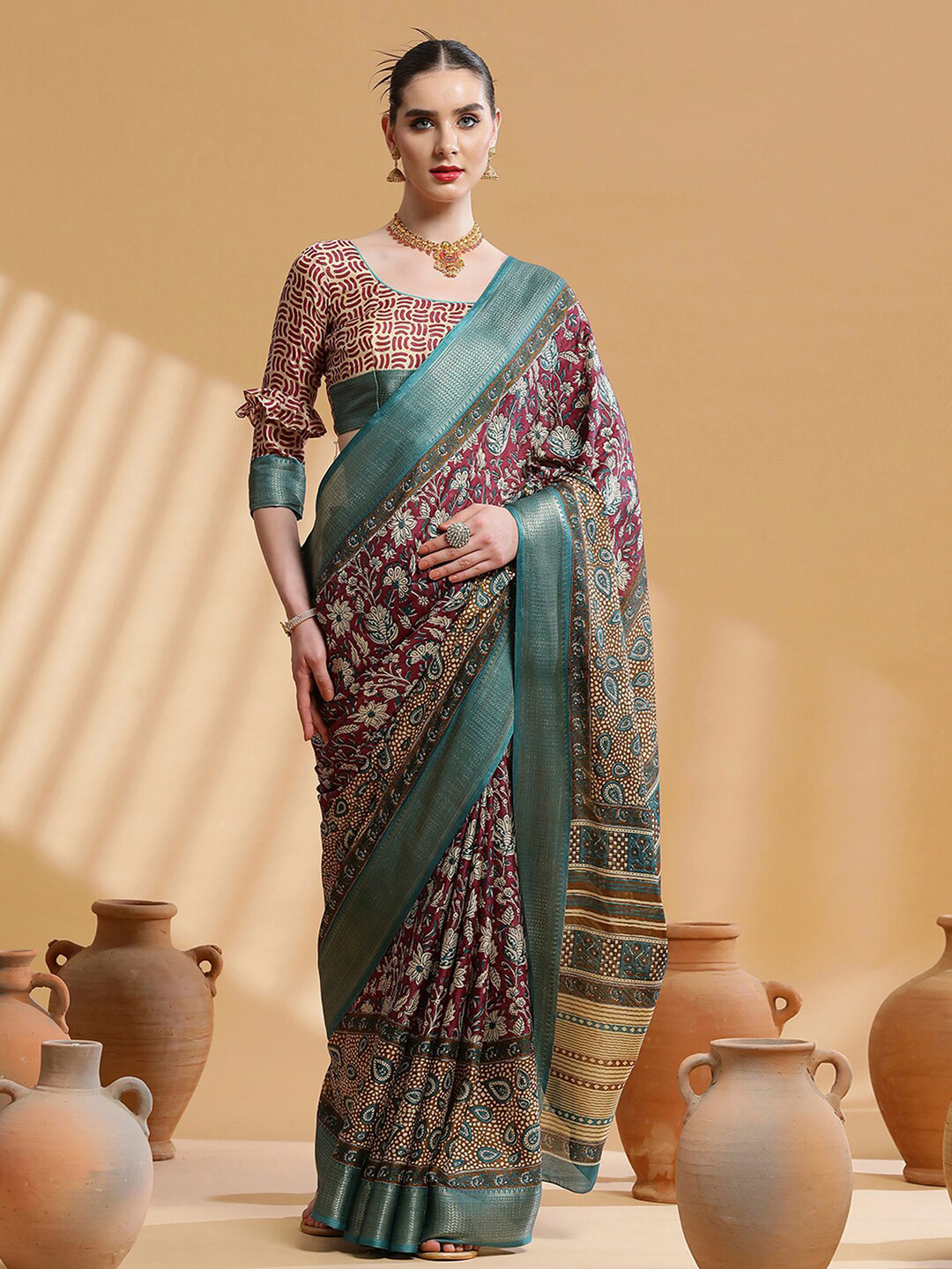 Sangria Ethnic Motif Printed Sarees With Blouse