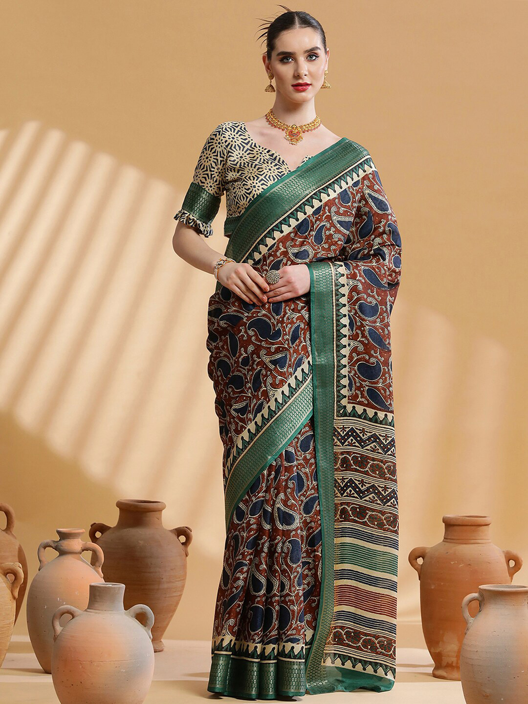 Sangria Ethnic Motif Printed Sarees With Blouse