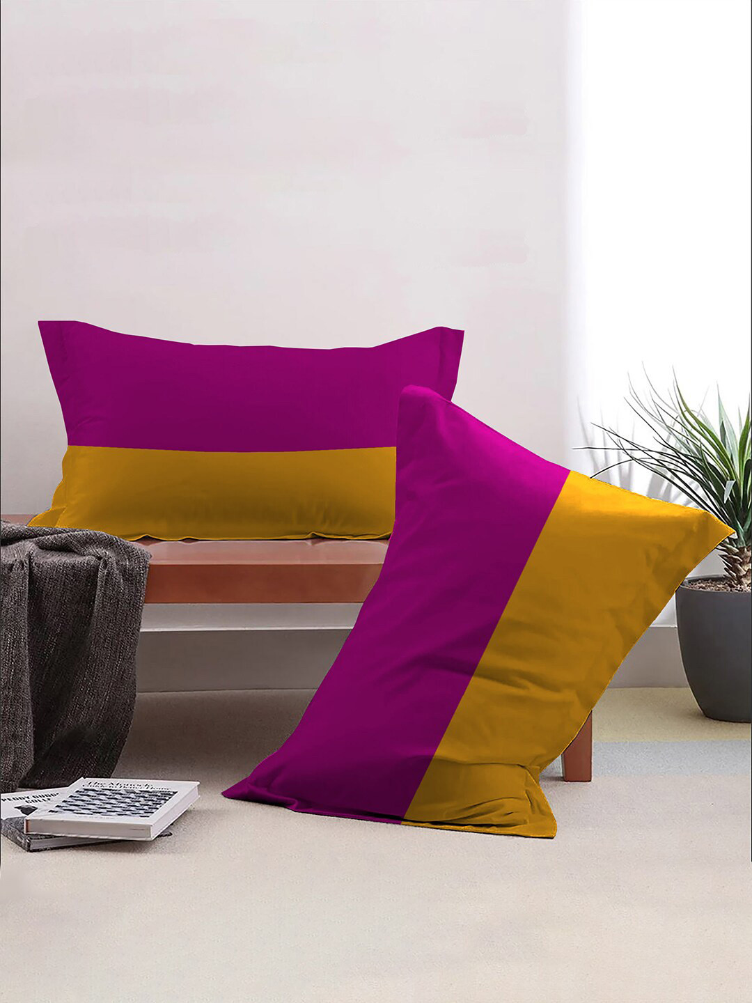 MYTRIDENT Yellow & Purple 2 Pieces Printed Pure Cotton Rectangle Pillow Covers