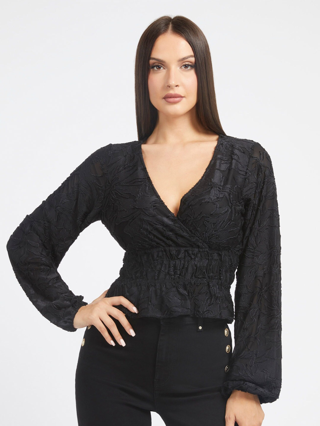 GUESS Self Design V-Neck Puff Sleeves Peplum Top