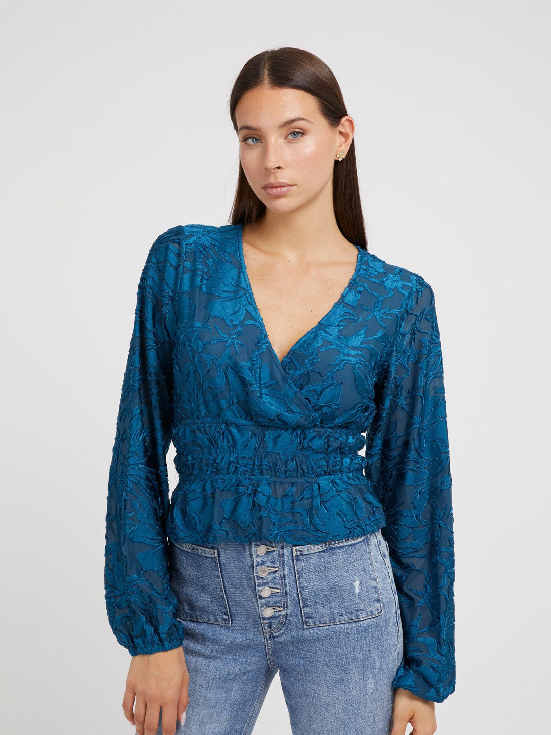 GUESS Self Design V-Neck Puff Sleeves Peplum Top