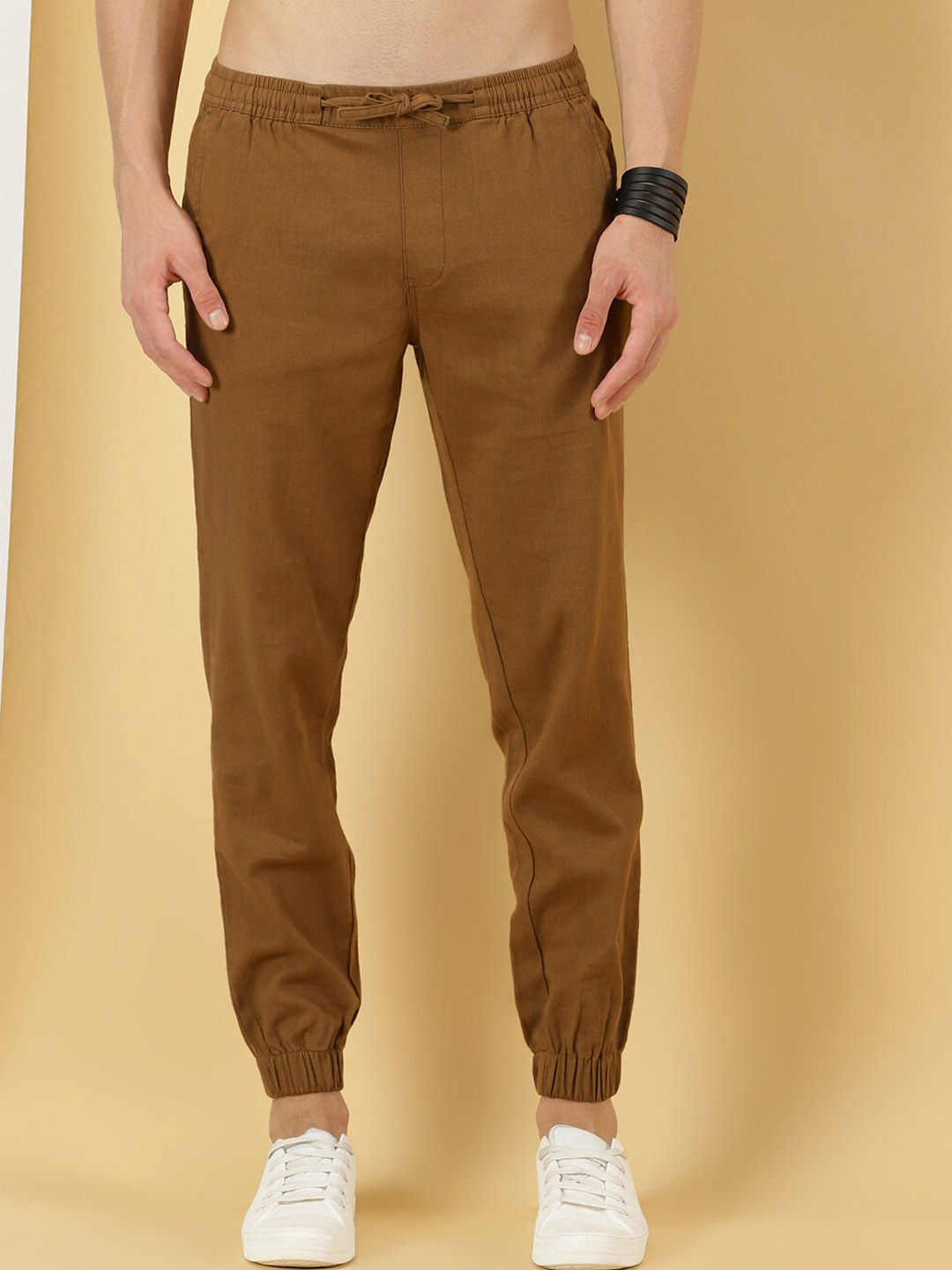 Thomas Scott Men Brown Smart Cotton-Linen Joggers