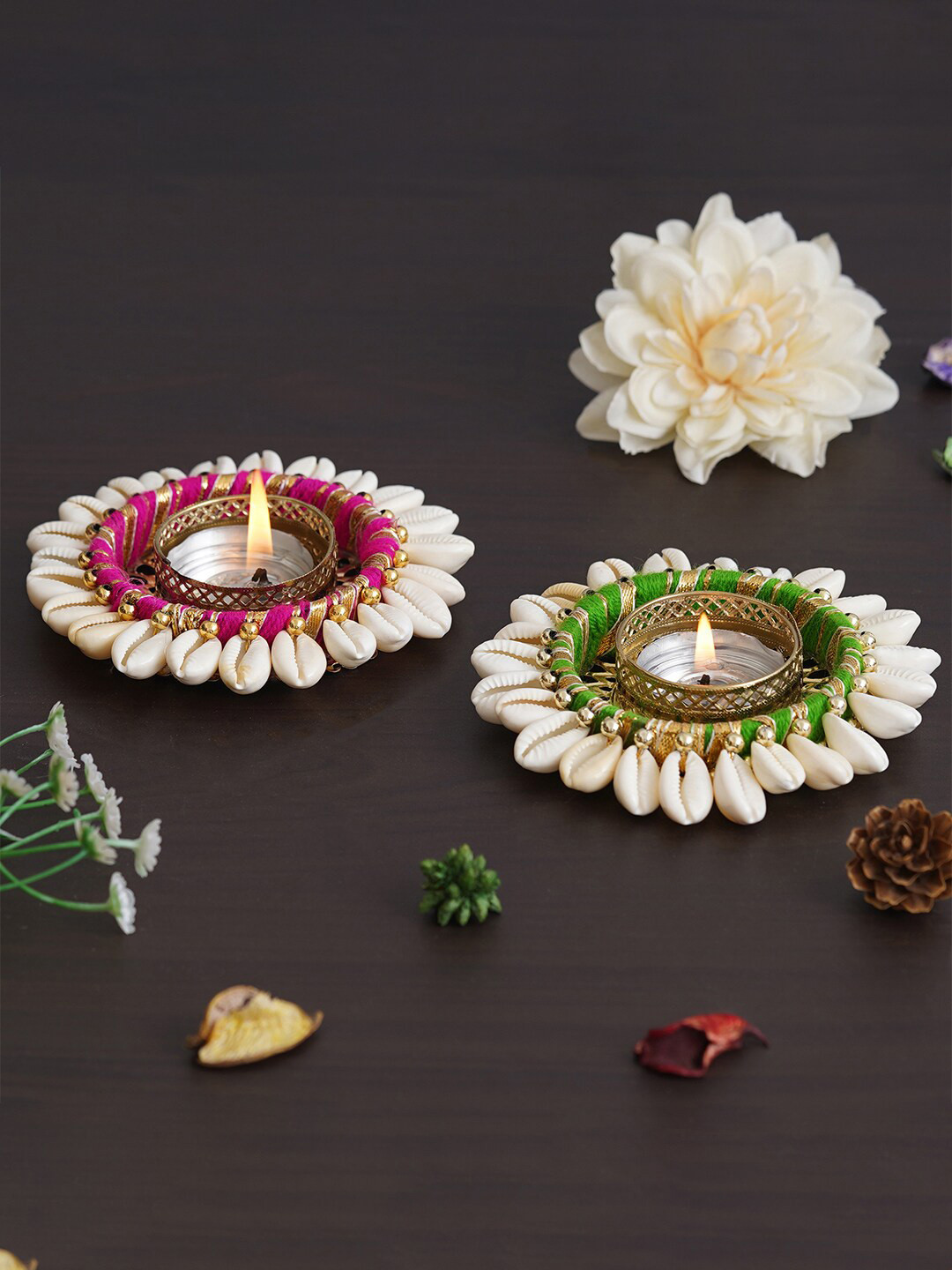 eCraftIndia Pink & Green 2 Pieces Textured Round Shaped Metal Candle Holders